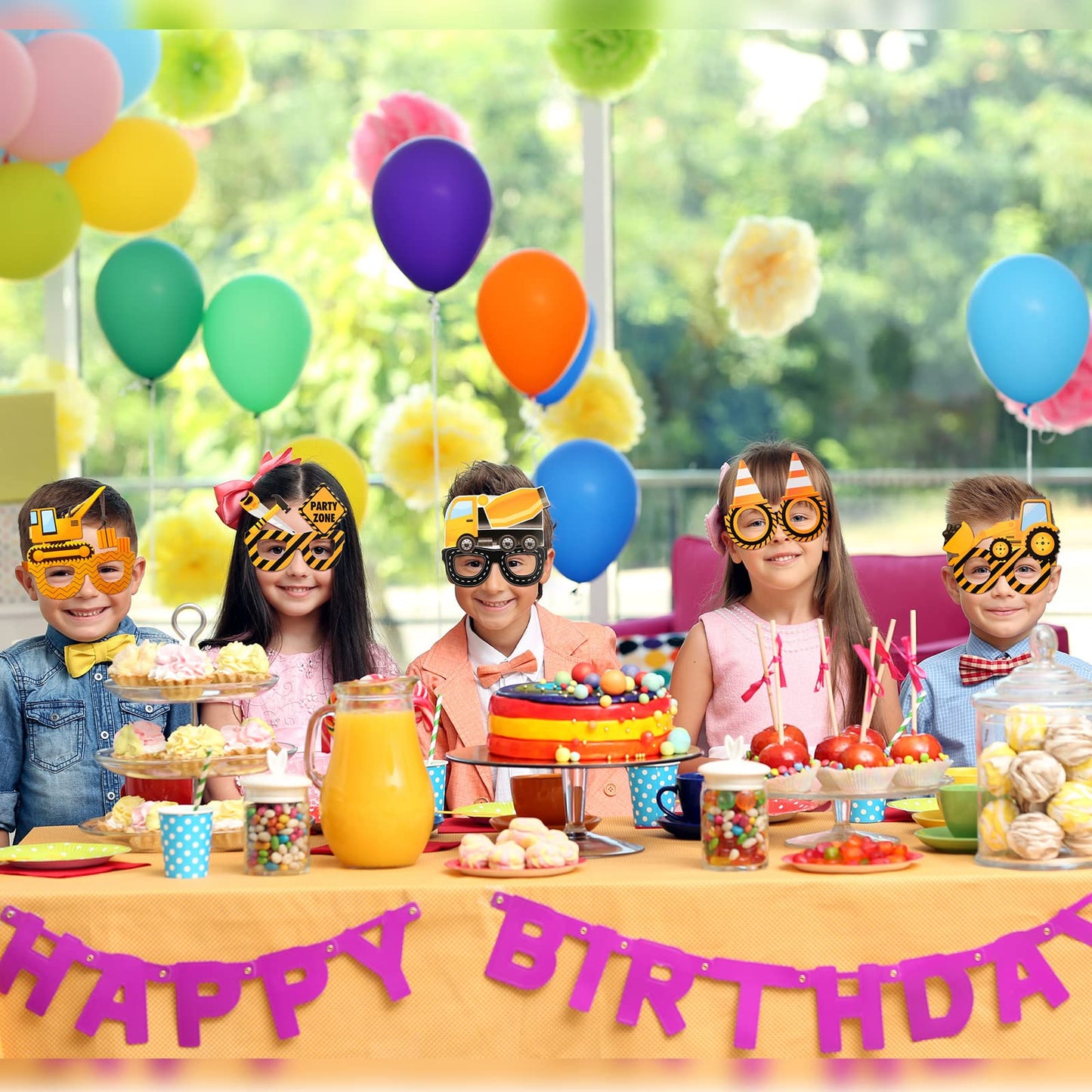 Funrous 32 Pcs Construction Theme Eyeglasses – Dump Truck & Excavator Cardboard Photo Booth Props for Birthday Parties