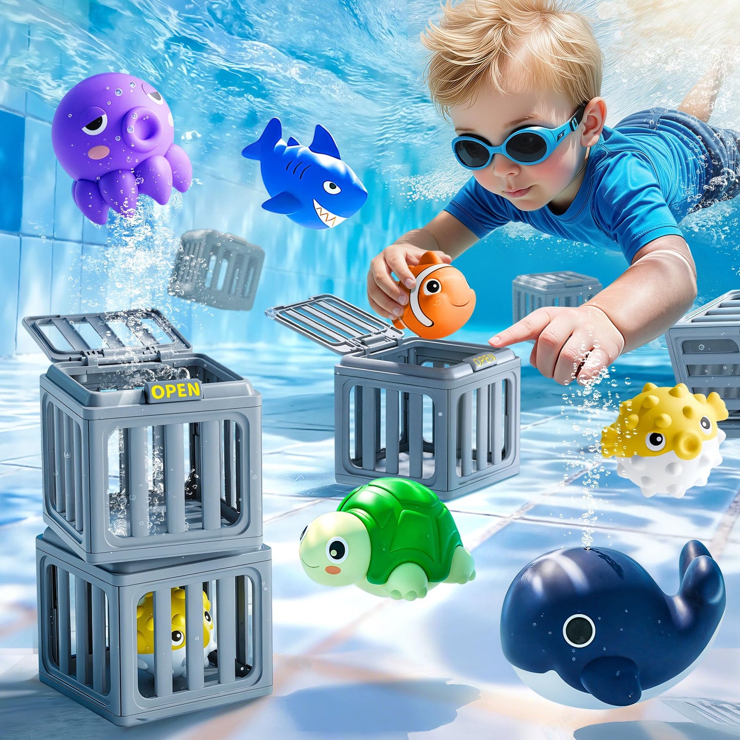 Funscape Kids Pool Diving Toys – 6 Ocean Pals & 6 Dive Cages
