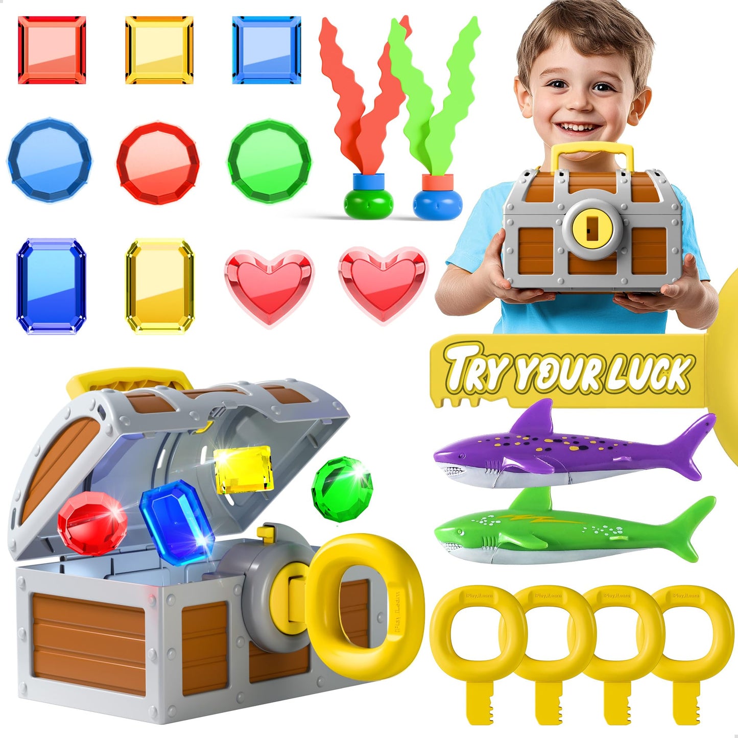 Funscape Kids Diving Pool Toy – Large Treasure Chest Dive Game with Keys, Gems & Fish