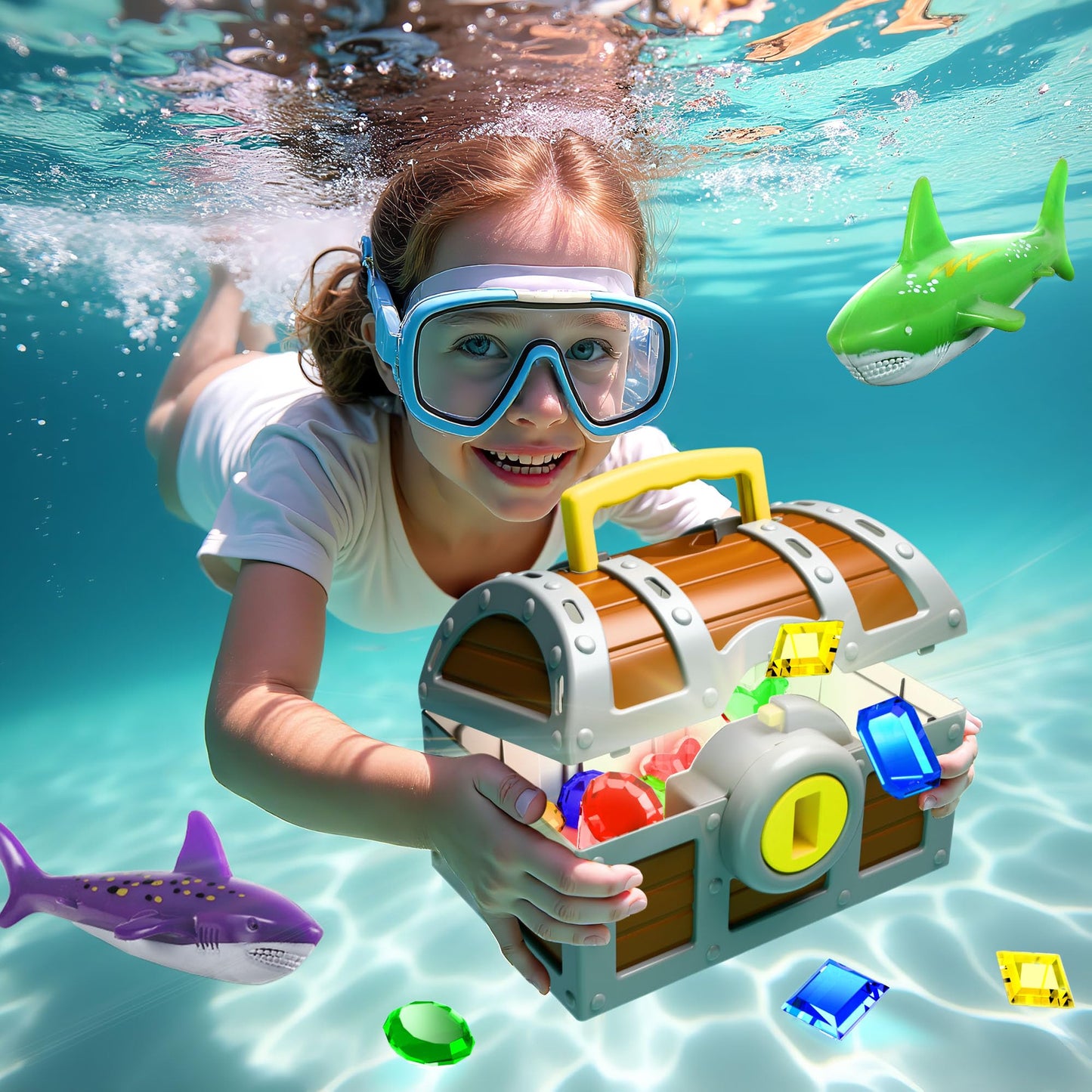 Funscape Kids Diving Pool Toy – Large Treasure Chest Dive Game with Keys, Gems & Fish