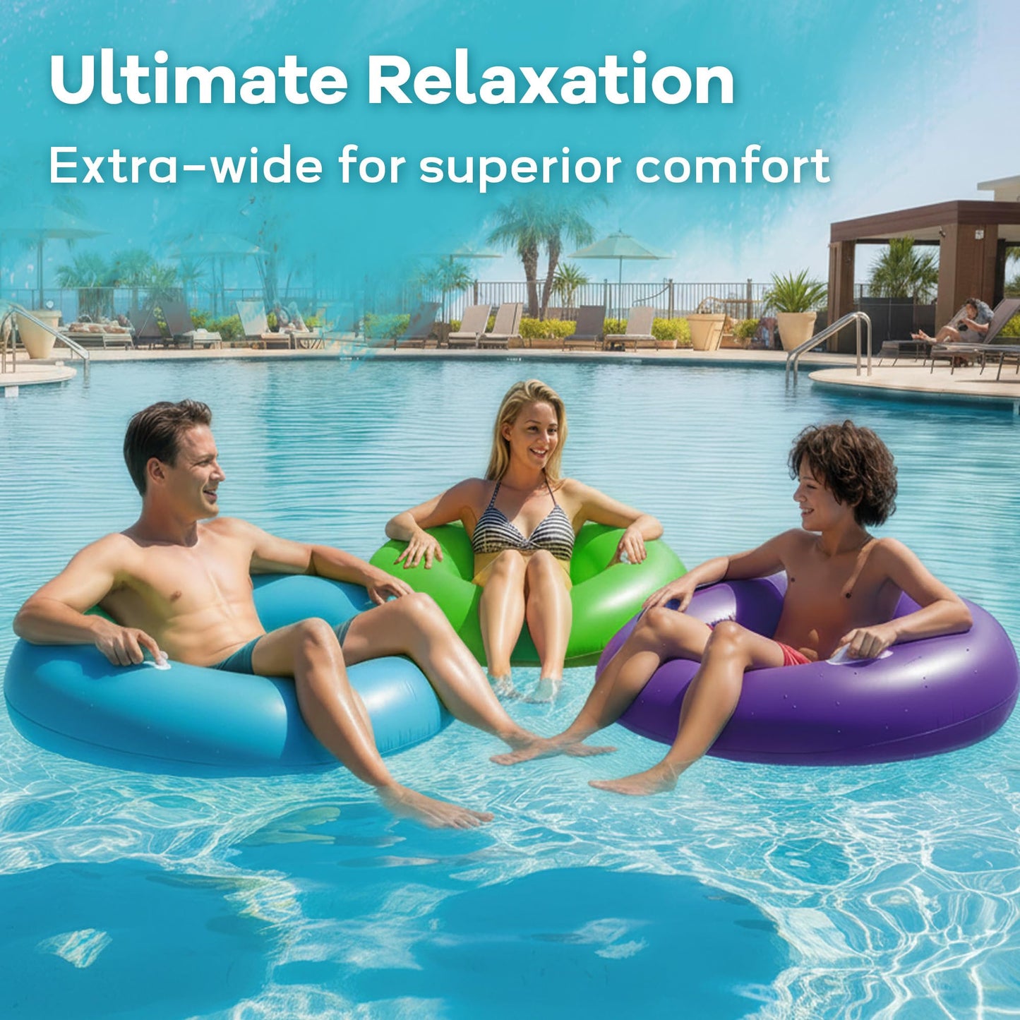 Funscape Large Inflatable Pool Float Rings – 3 Pack 44\" Swim Floats with Handles for Adults & Kids | Lounge or Ring, Summer Water Fun