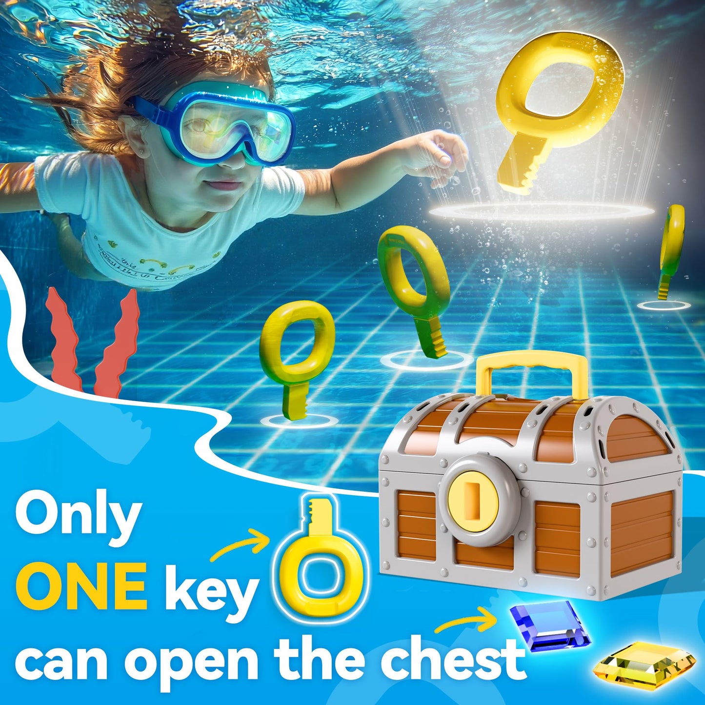Funscape Kids Diving Pool Toy – Large Treasure Chest Dive Game with Keys, Gems & Fish