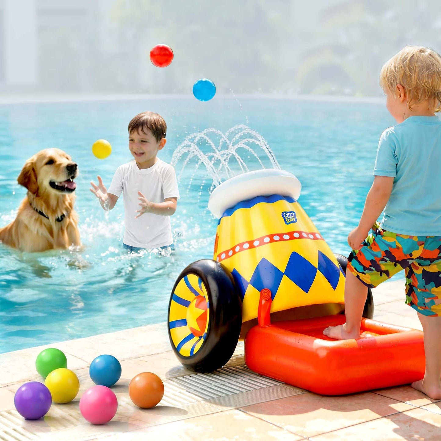 Funscape Inflatable Launching Ball Pool Toy – 2-in-1 Water Spray & Ball Launch