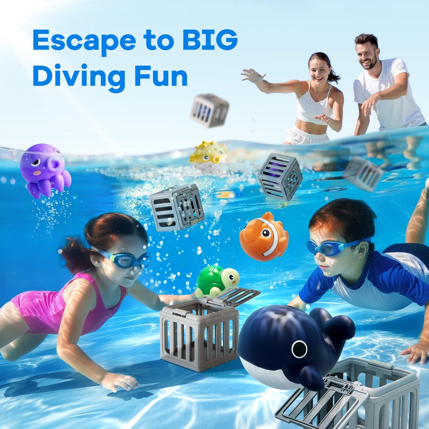 Funscape Kids Pool Diving Toys – 6 Ocean Pals & 6 Dive Cages