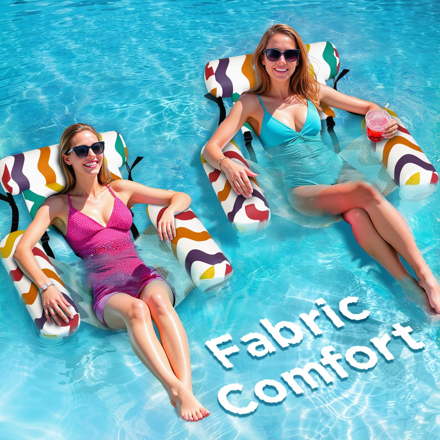 Funscape Rainbow Pool Floats Chairs – 2-Pack Heavy-Duty Inflatable Lounges