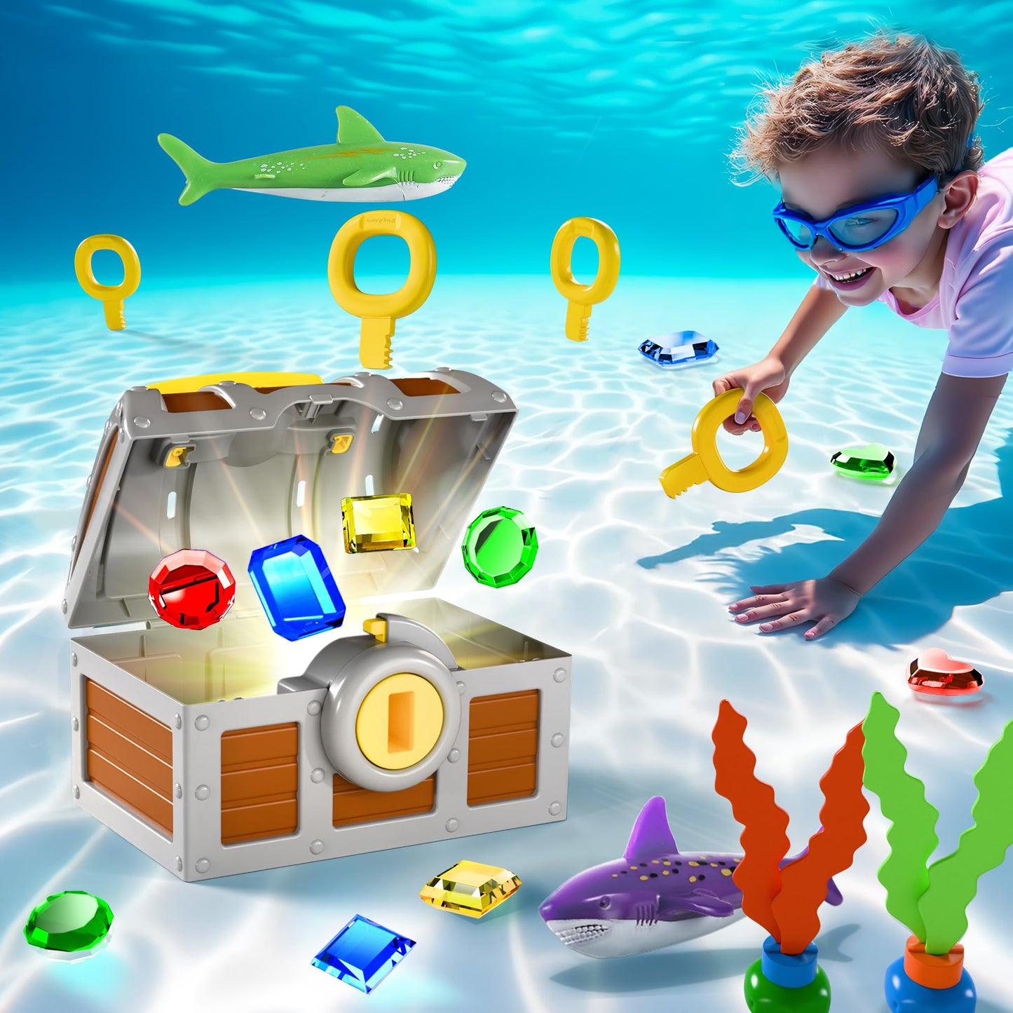 Funscape Kids Diving Pool Toy – Large Treasure Chest Dive Game with Keys, Gems & Fish
