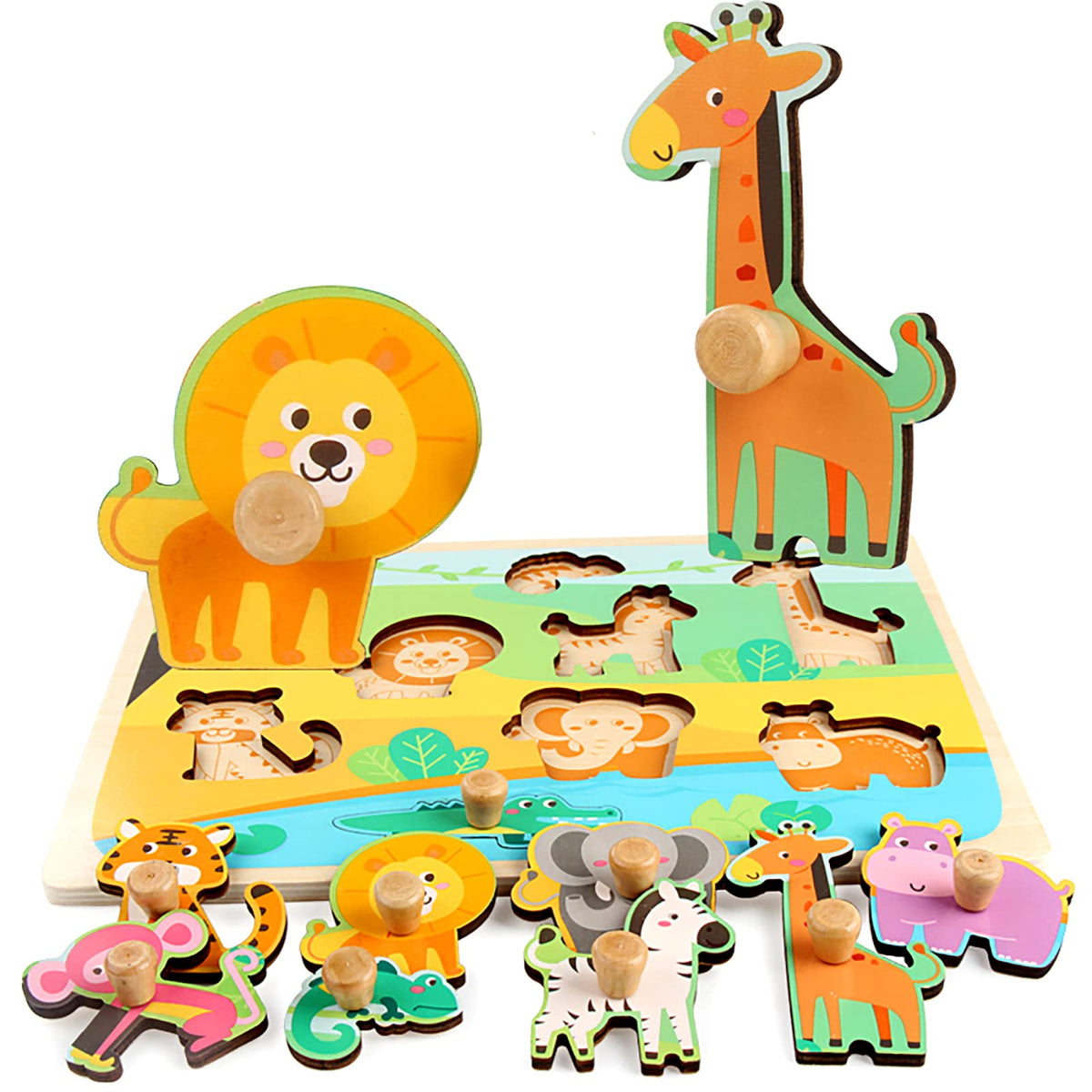 Funsland Wooden Puzzles for Toddlers – Zoo Animals Peg & Jigsaw with Handles | Montessori Toys