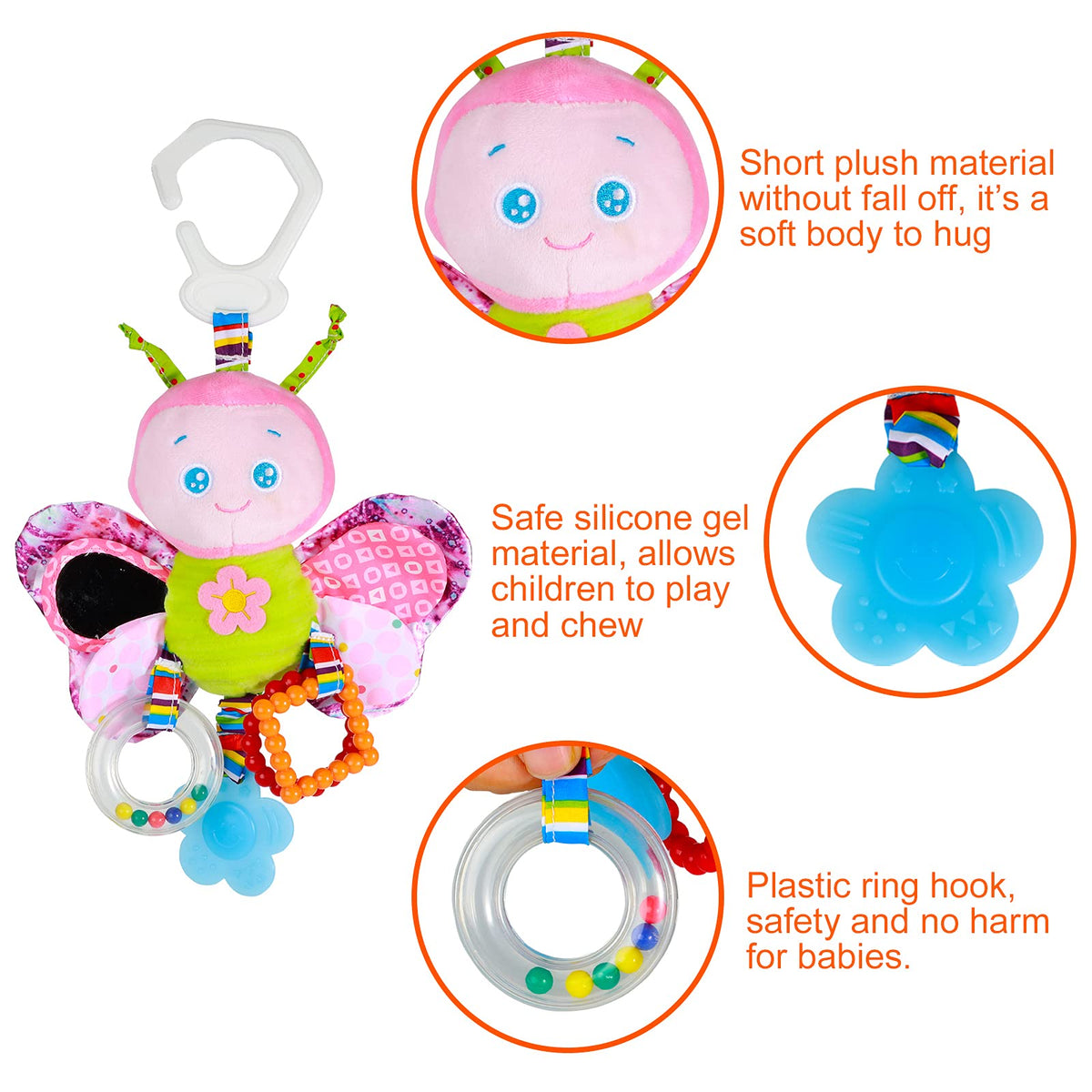Funsland Baby Stroller Toy & Car Seat Toy with Teether – Soft Plush Rattle for 3–12 Months
