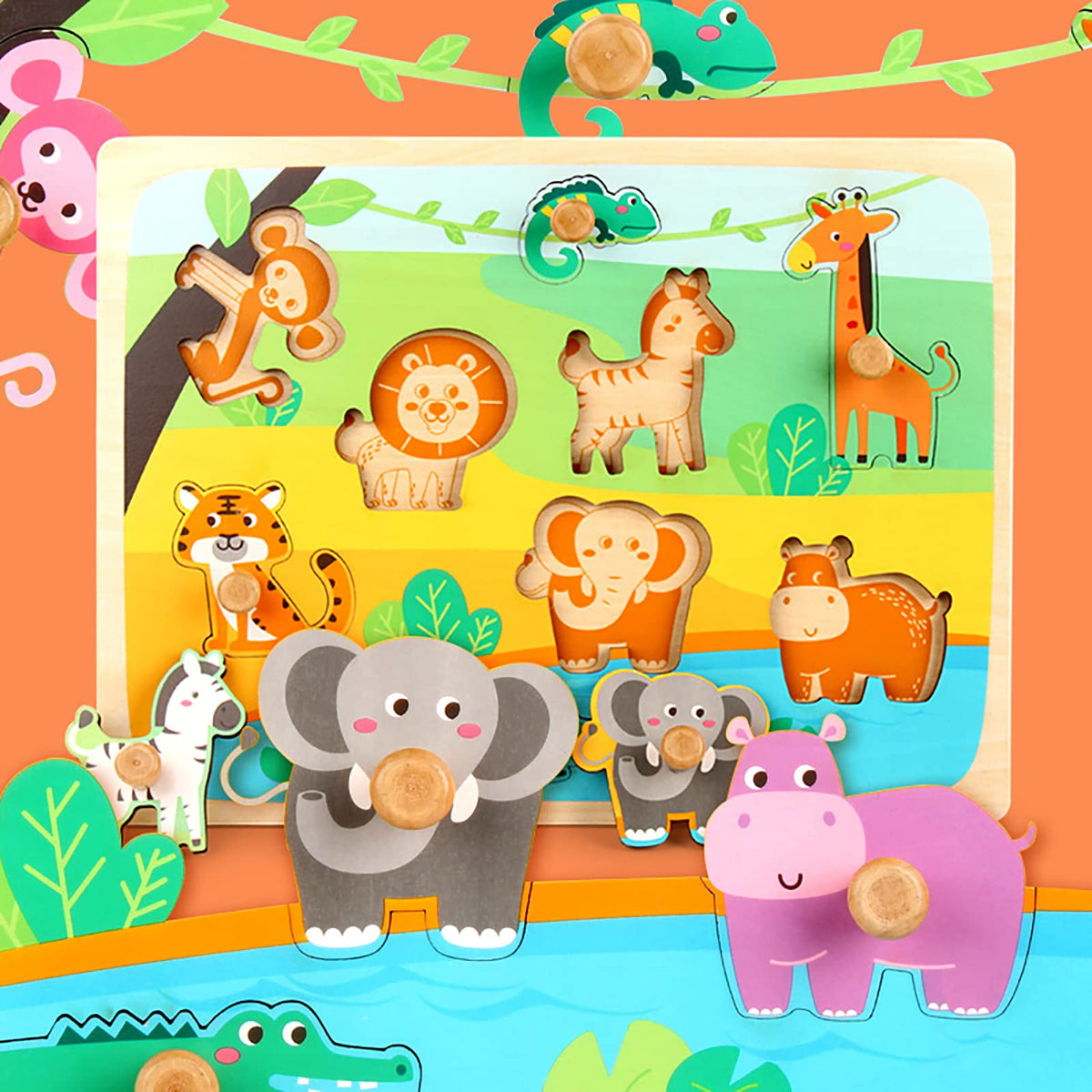 Funsland Wooden Puzzles for Toddlers – Zoo Animals Peg & Jigsaw with Handles | Montessori Toys
