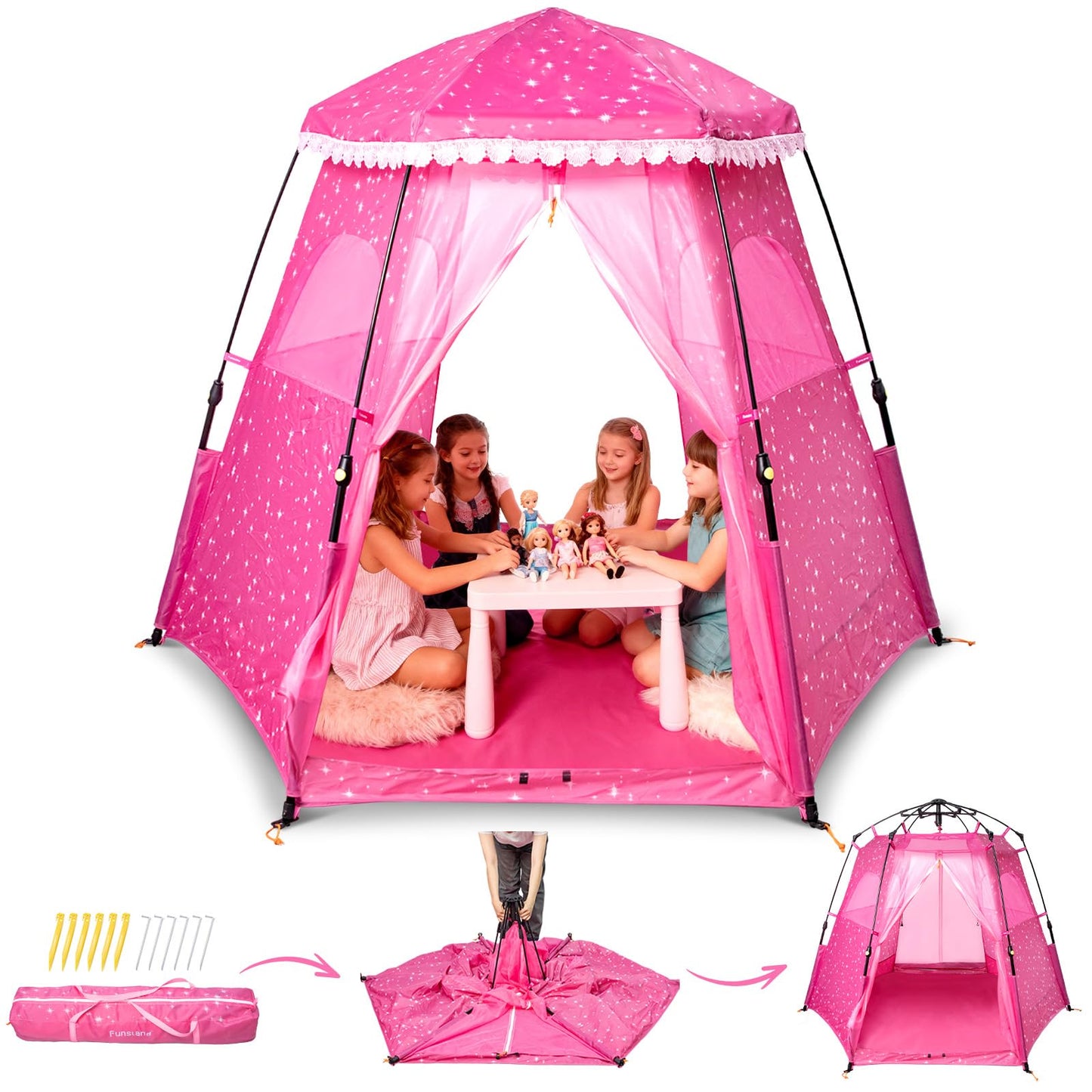 Funsland Princess Pop-up Play Tent – Large Indoor/Outdoor Castle for Kids (Pink), 78 x 63 x 53 in