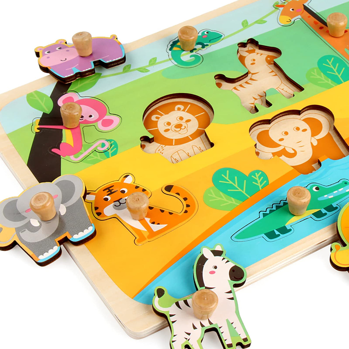 Funsland Wooden Puzzles for Toddlers – Zoo Animals Peg & Jigsaw with Handles | Montessori Toys