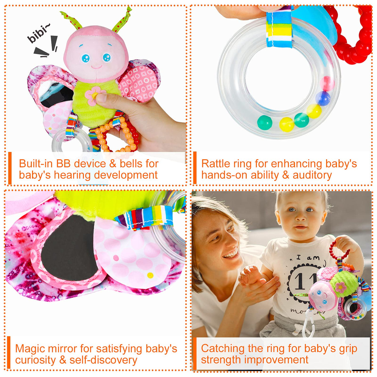 Funsland Baby Stroller Toy & Car Seat Toy with Teether – Soft Plush Rattle for 3–12 Months