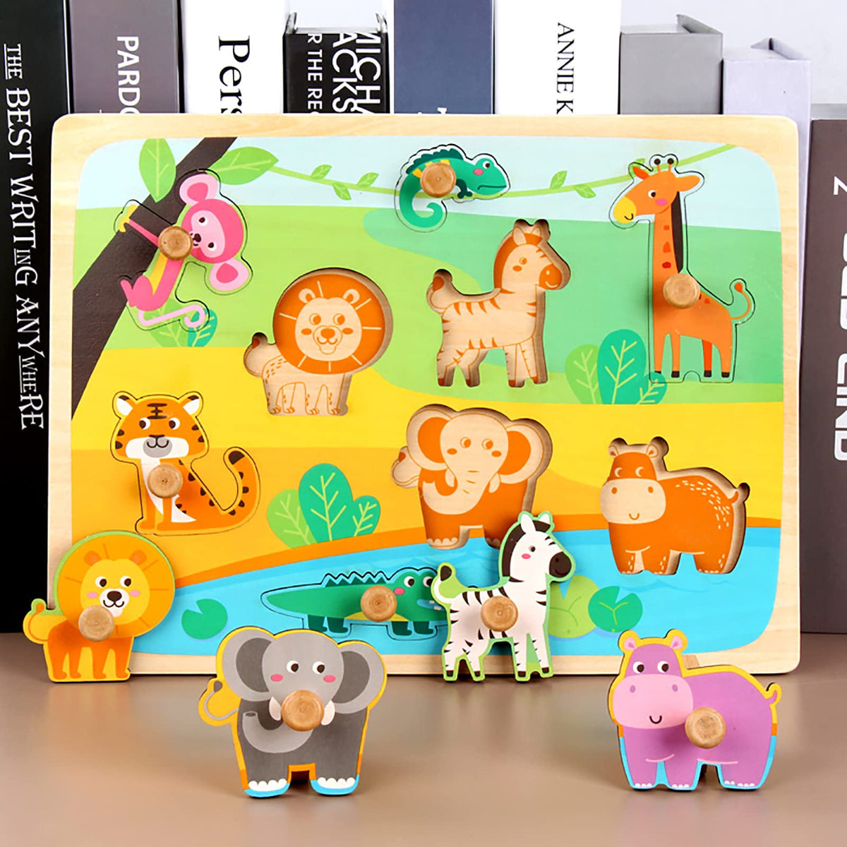 Funsland Wooden Puzzles for Toddlers – Zoo Animals Peg & Jigsaw with Handles | Montessori Toys