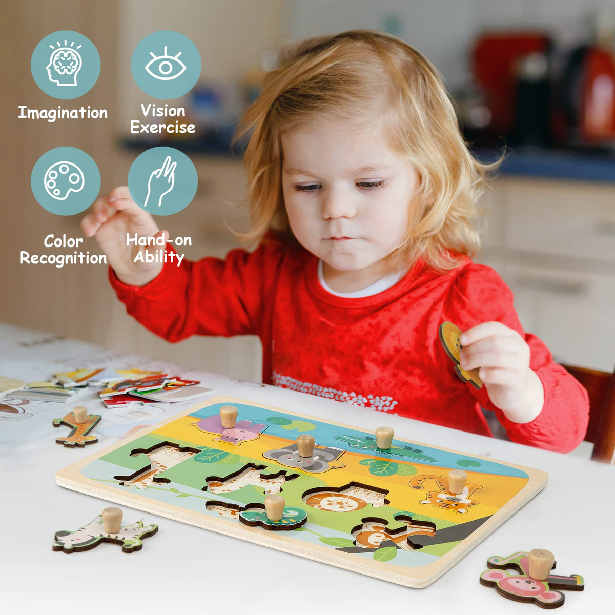 Funsland Wooden Puzzles for Toddlers – Zoo Animals Peg & Jigsaw with Handles | Montessori Toys