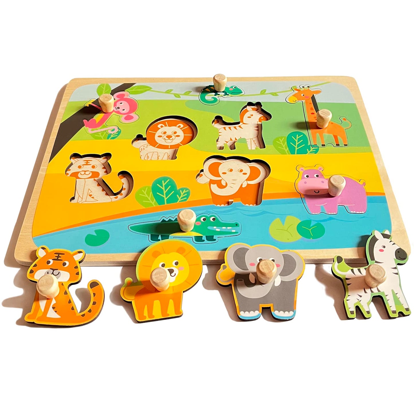 Funsland Wooden Puzzles for Toddlers – Zoo Animals Peg & Jigsaw with Handles | Montessori Toys