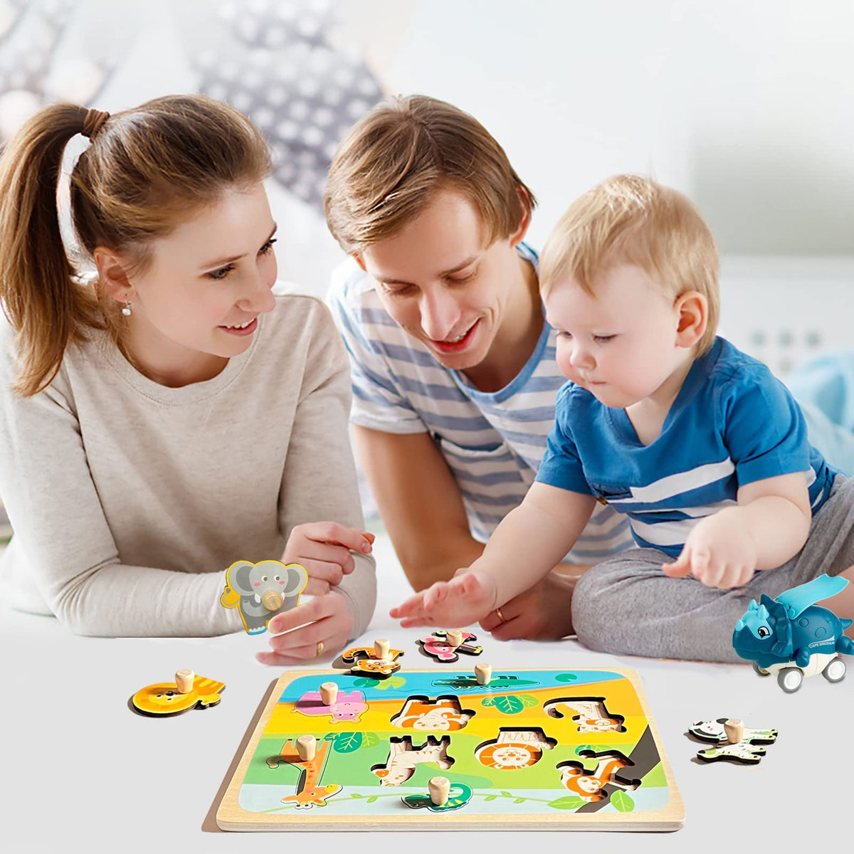 Funsland Wooden Puzzles for Toddlers – Zoo Animals Peg & Jigsaw with Handles | Montessori Toys