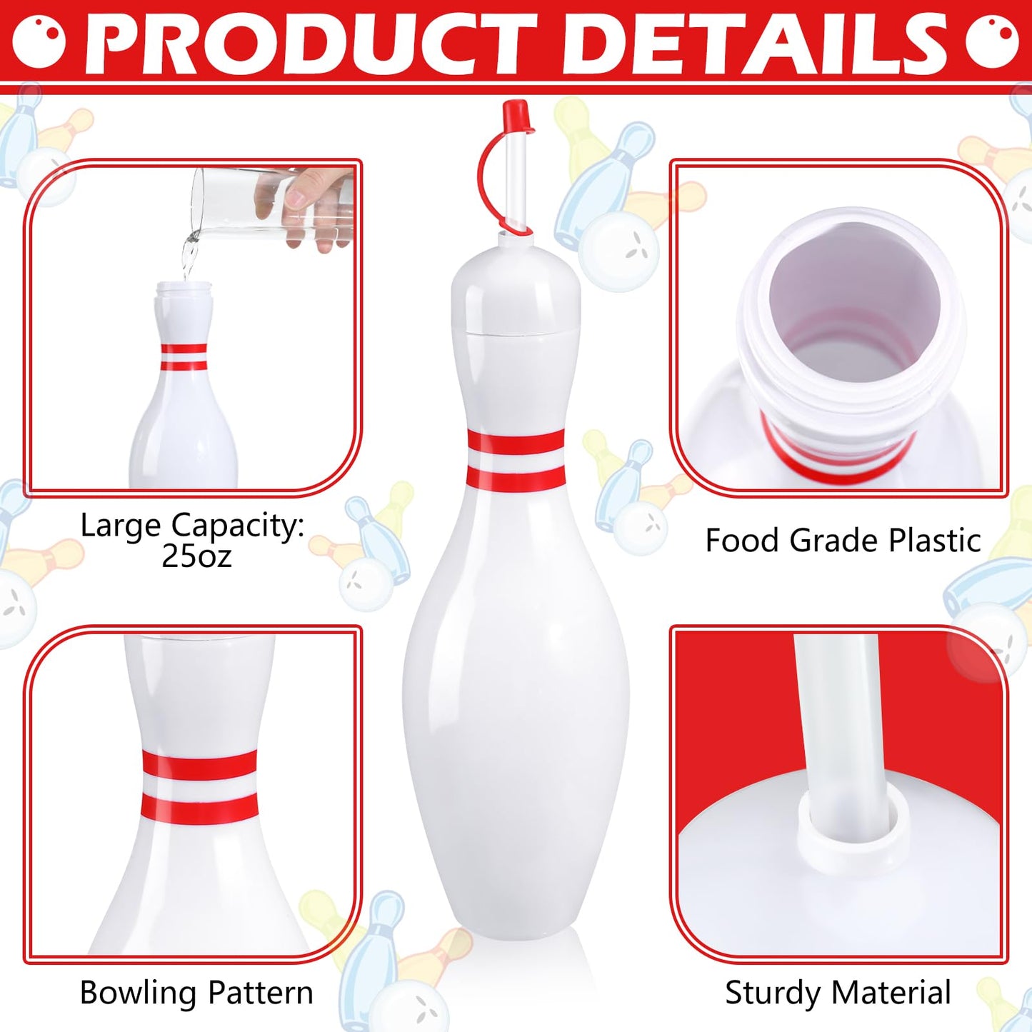 Funtery 4-Pack Bowling Cups with Lids & Straws – 25 oz Reusable Water Bottles