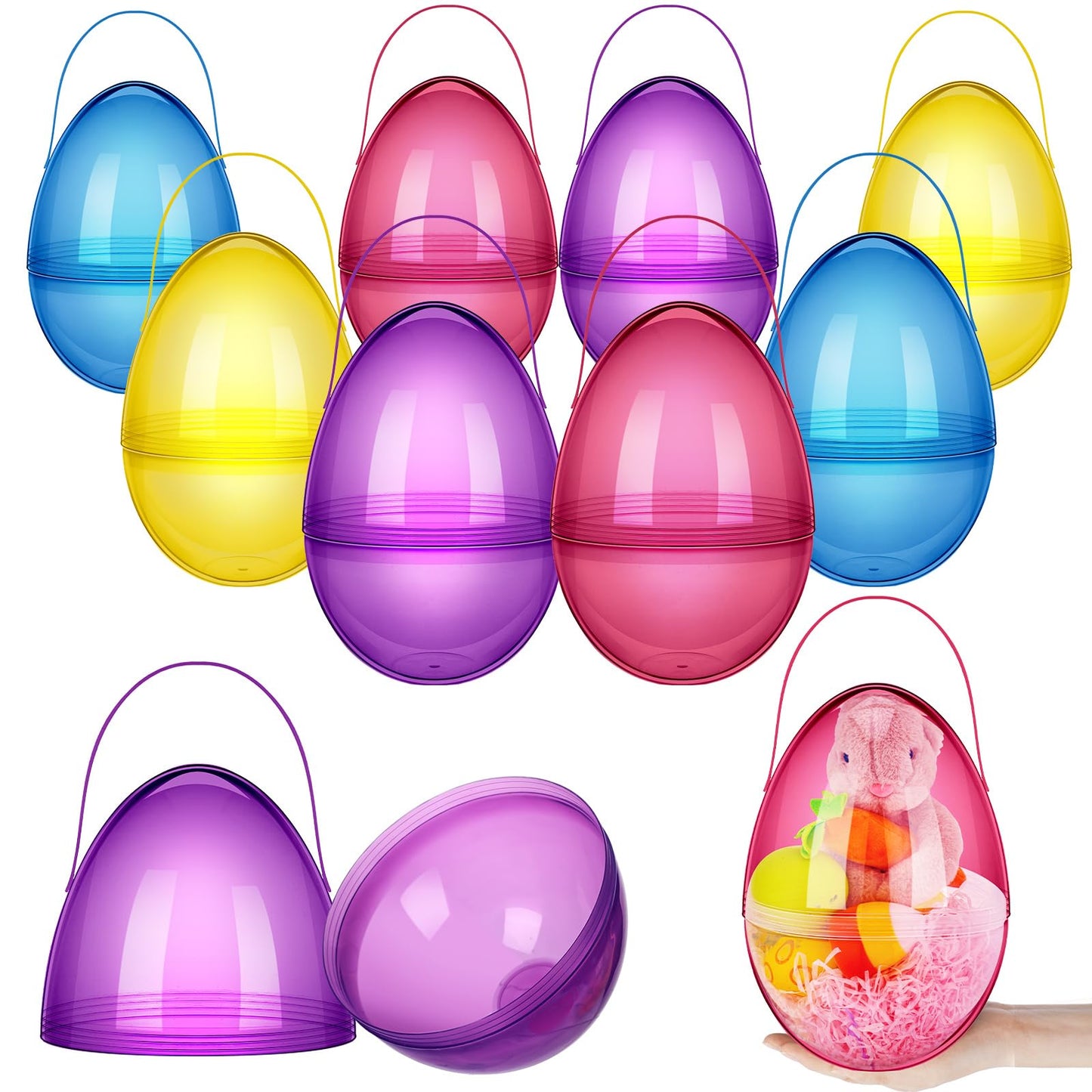 Funtery 8 Pcs Jumbo Easter Eggs 10 Inch with Handles – Clear Fillable Baskets
