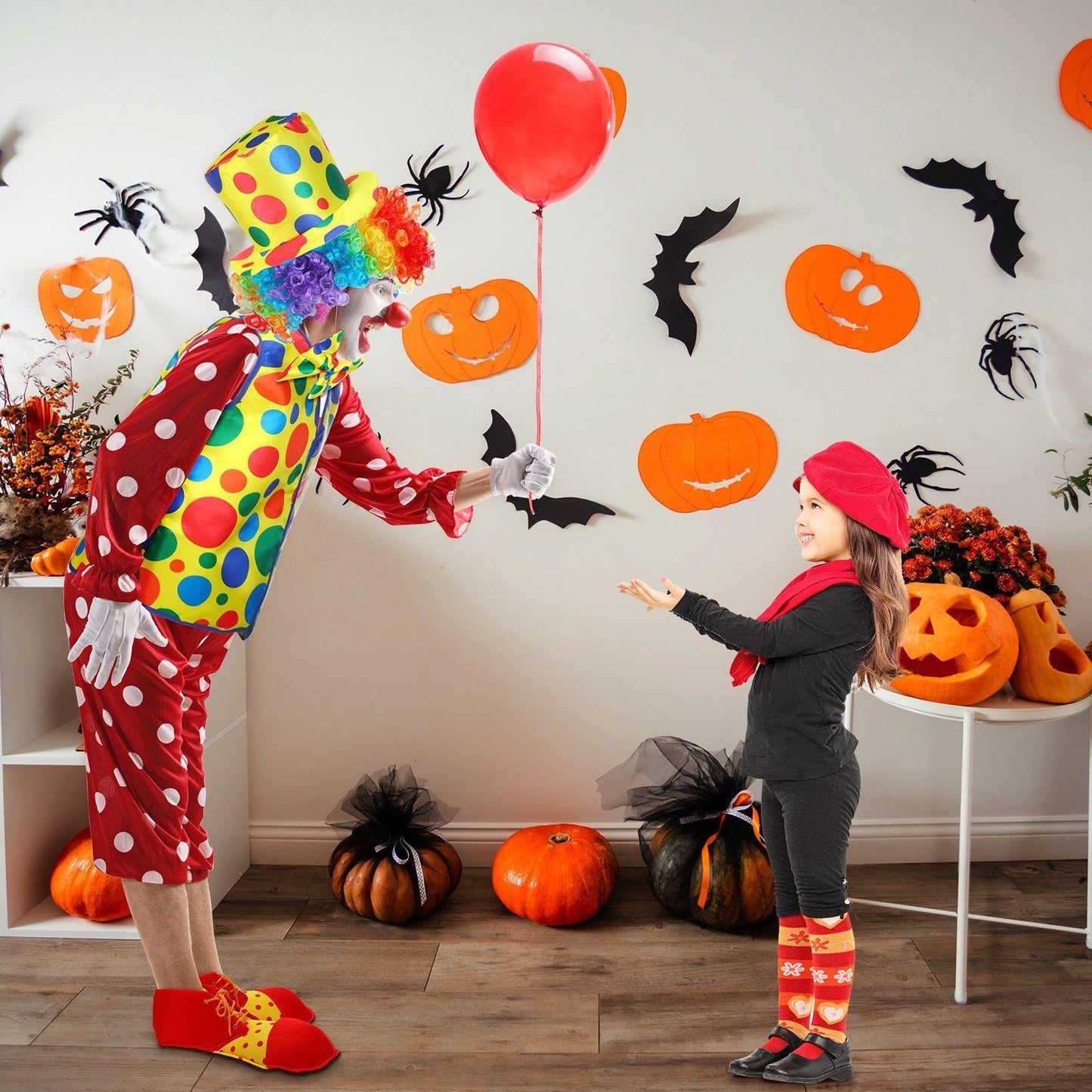 Funtery 8-Pcs Clown Costume Set for Women & Men – Wig, Nose, Shoes, Vest, Hat, Bow Tie, Gloves