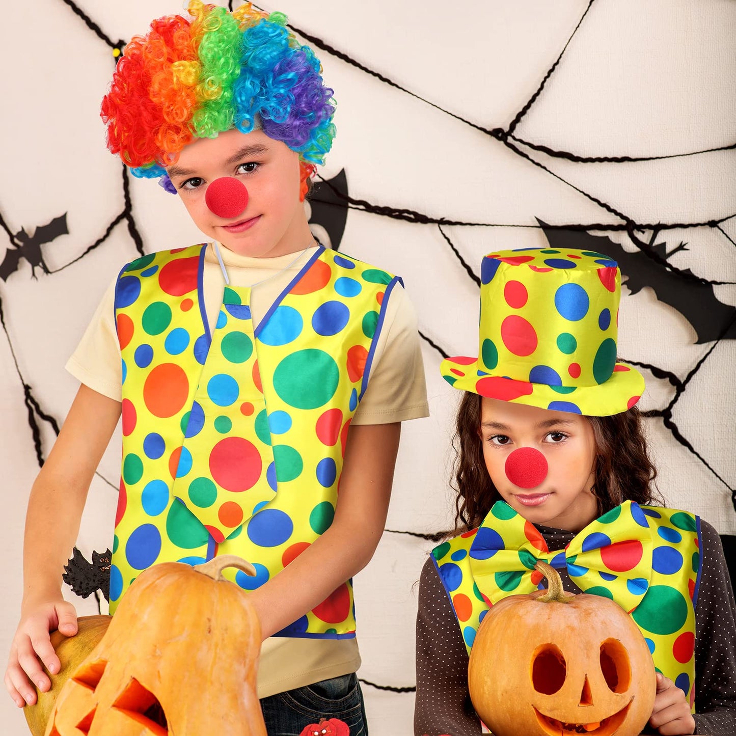 Funtery 8-Pcs Clown Costume Set for Women & Men – Wig, Nose, Shoes, Vest, Hat, Bow Tie, Gloves