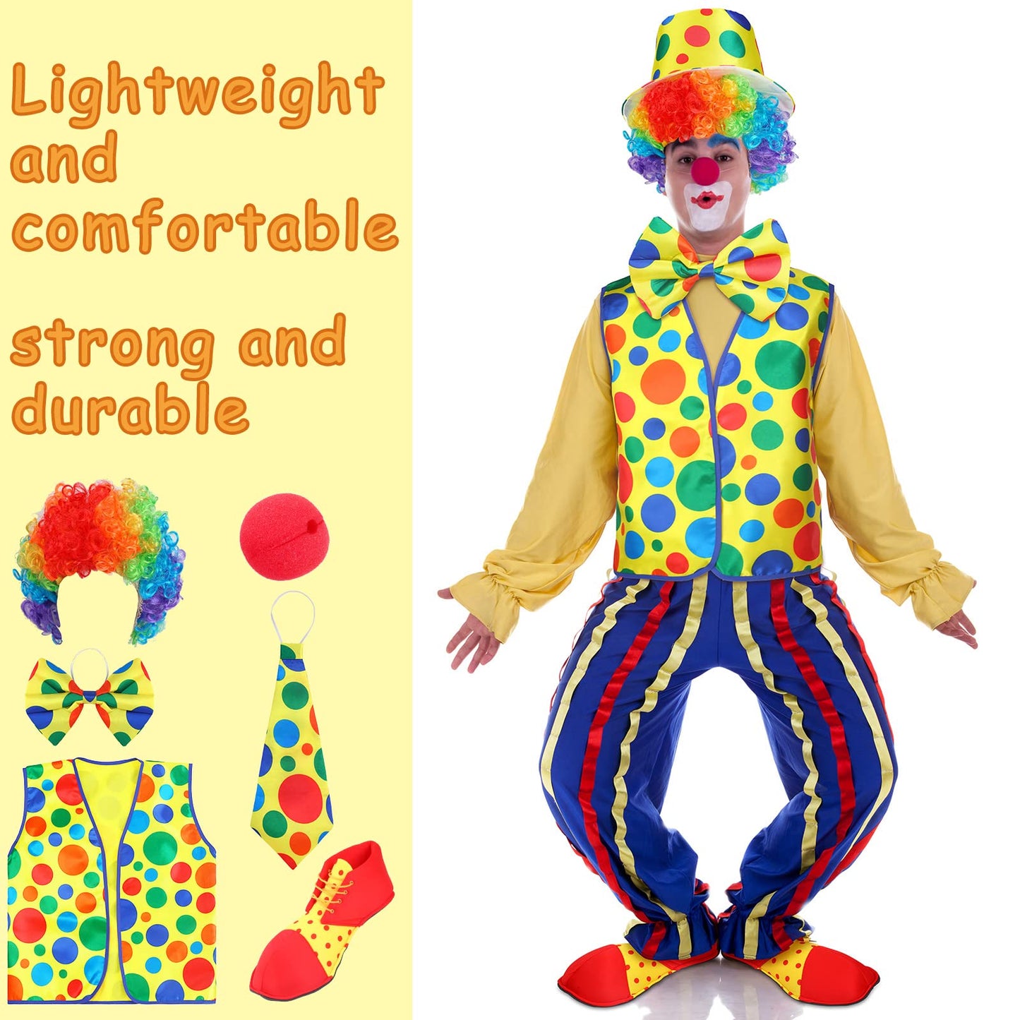 Funtery 8-Pcs Clown Costume Set for Women & Men – Wig, Nose, Shoes, Vest, Hat, Bow Tie, Gloves