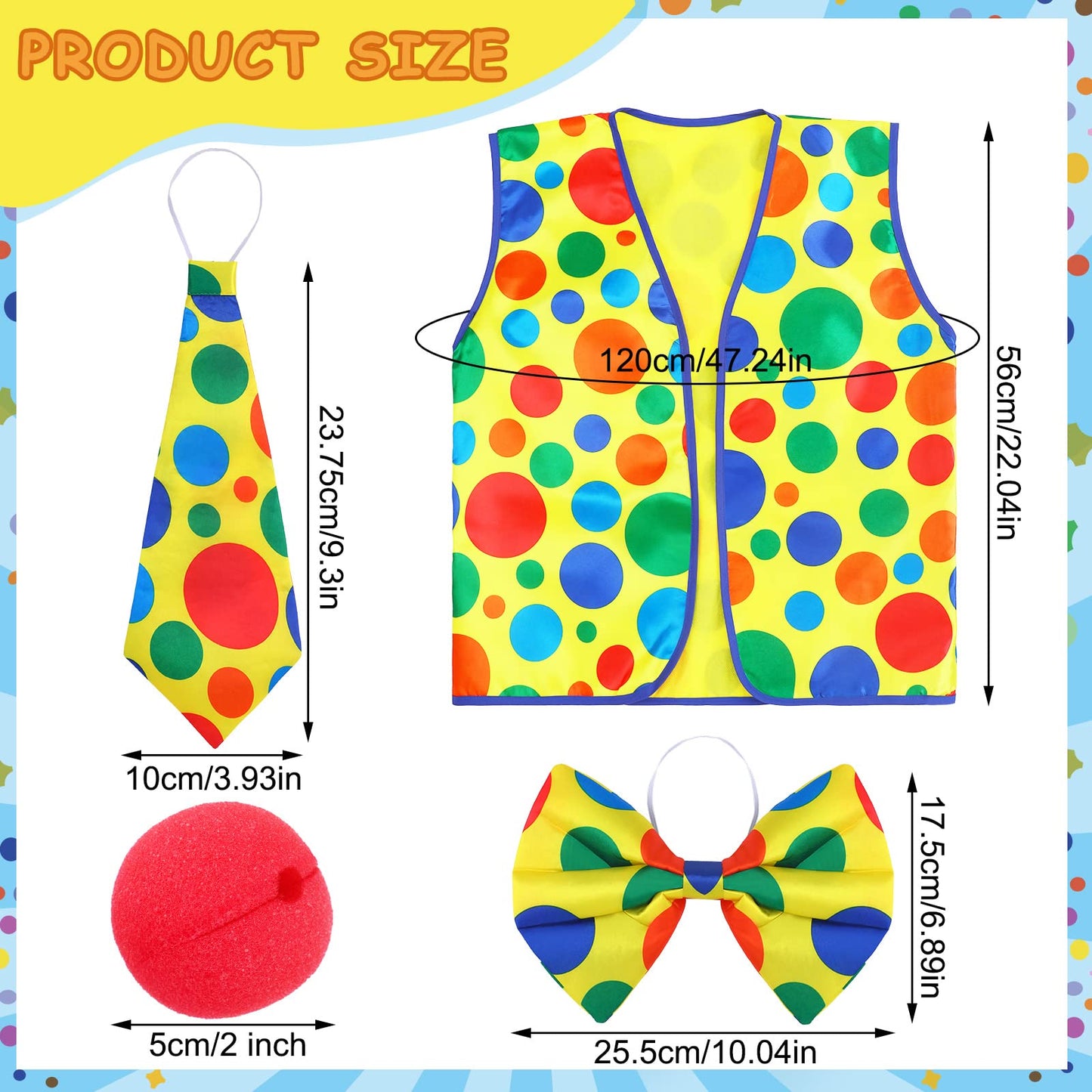 Funtery 8-Pcs Clown Costume Set for Women & Men – Wig, Nose, Shoes, Vest, Hat, Bow Tie, Gloves