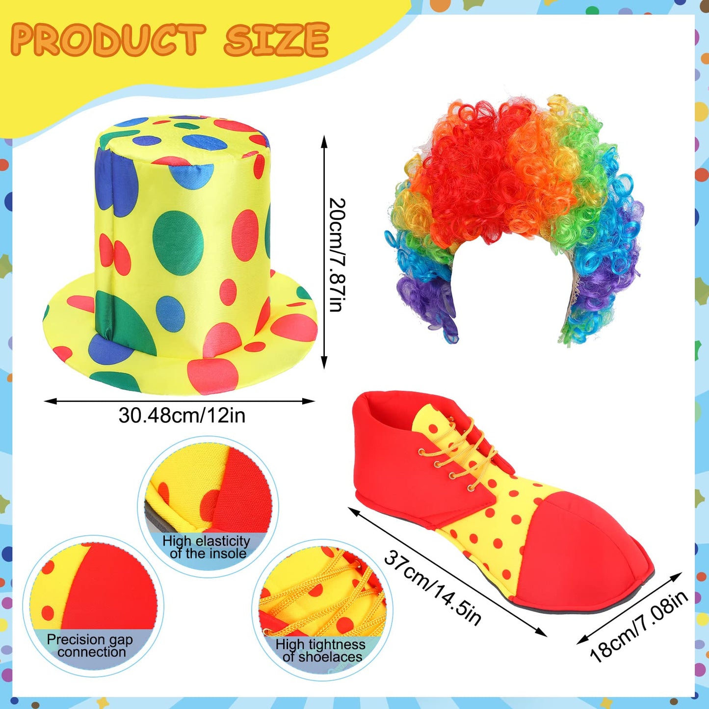 Funtery 8-Pcs Clown Costume Set for Women & Men – Wig, Nose, Shoes, Vest, Hat, Bow Tie, Gloves