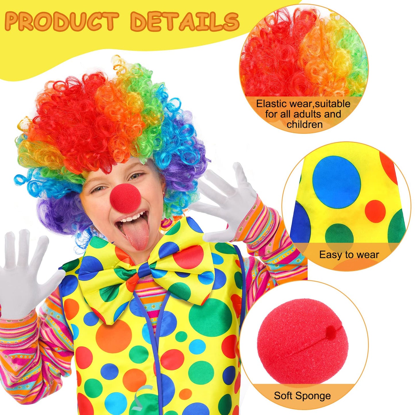 Funtery 8-Pcs Clown Costume Set for Women & Men – Wig, Nose, Shoes, Vest, Hat, Bow Tie, Gloves