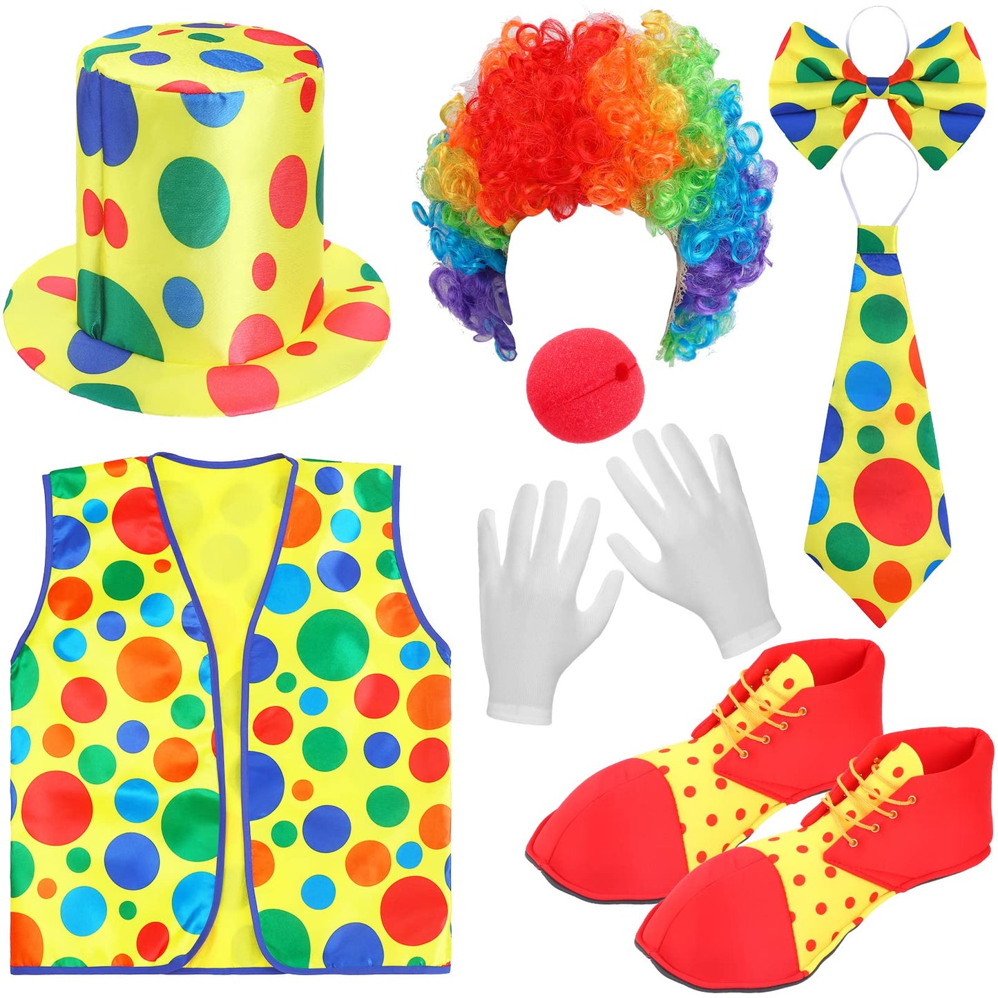 Funtery 8-Pcs Clown Costume Set for Women & Men – Wig, Nose, Shoes, Vest, Hat, Bow Tie, Gloves