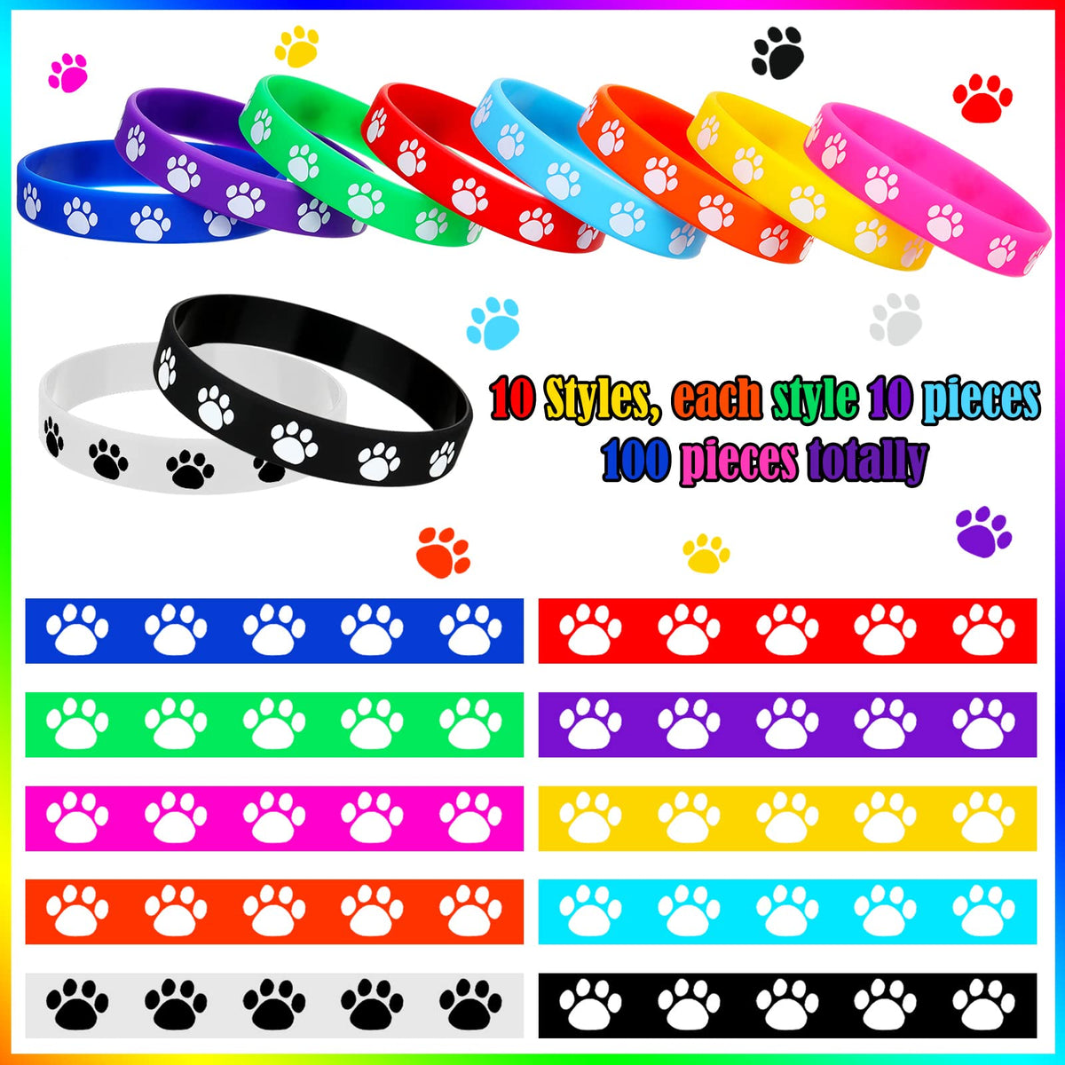 Funtery 100 Pcs Paw Print Rubber Bracelets – Multicolor Silicone Wristbands for Parties