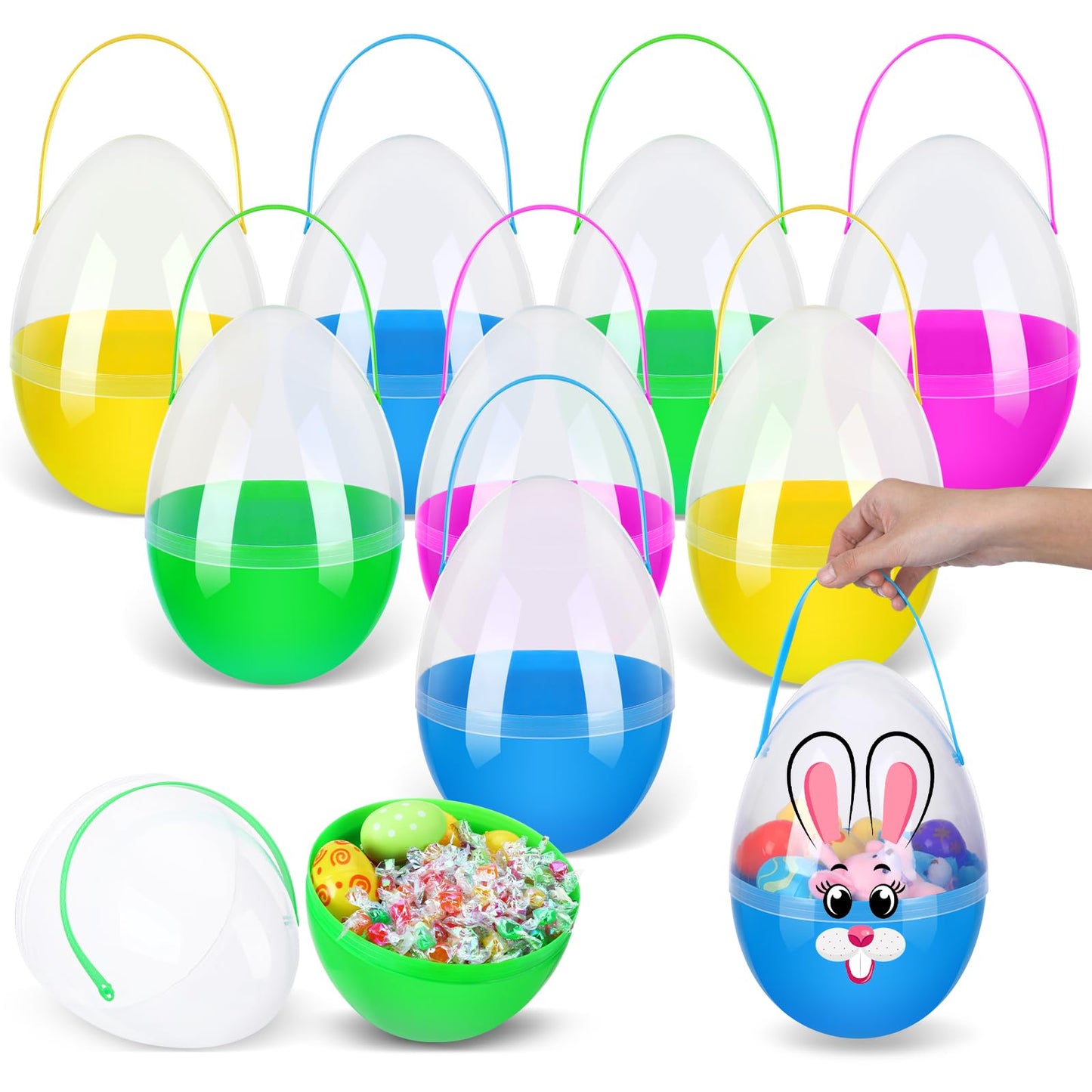 Funtery 8 Pcs Jumbo Easter Eggs — 10 Inch Clear Plastic Giant Eggs with Handles (Mixed Colors)