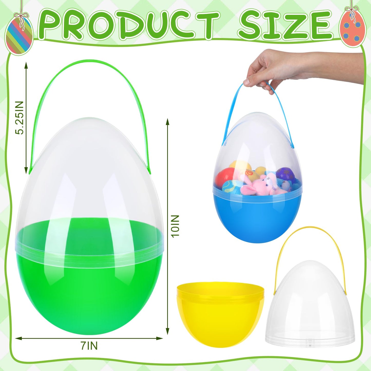 Funtery 8 Pcs Jumbo Easter Eggs — 10 Inch Clear Plastic Giant Eggs with Handles (Mixed Colors)