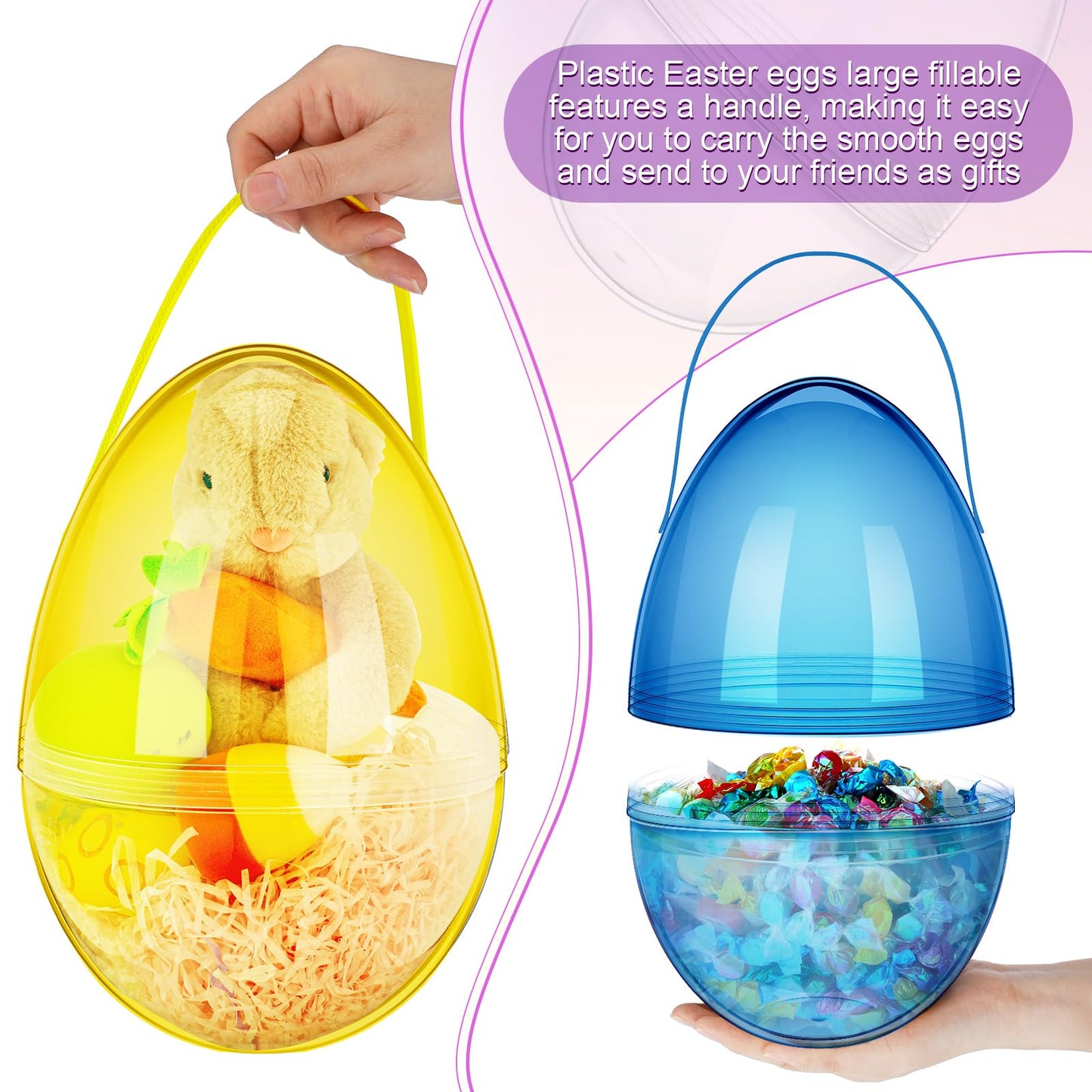 Funtery 8 Pcs Jumbo Easter Eggs 10 Inch with Handles – Clear Fillable Baskets