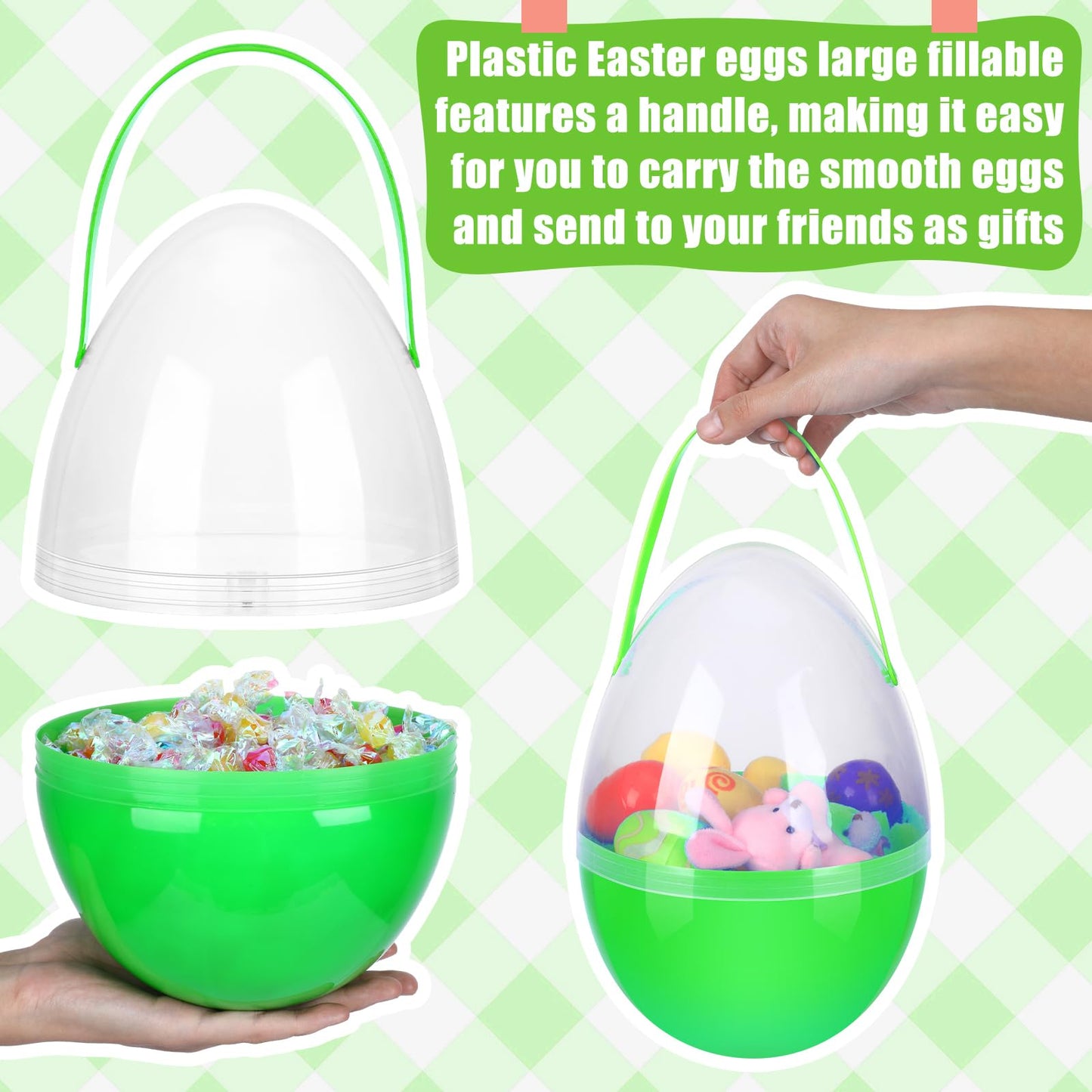 Funtery 8 Pcs Jumbo Easter Eggs — 10 Inch Clear Plastic Giant Eggs with Handles (Mixed Colors)