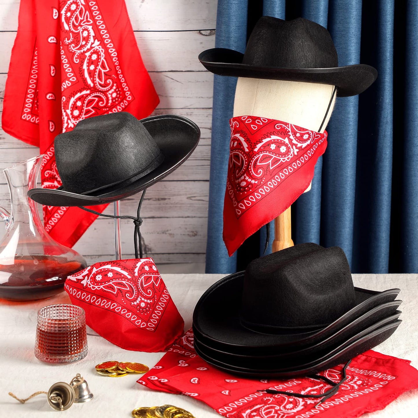 Funtery Kids Cowboy Hats with Red Bandanas – 20 Pack (10 Sets) for Parties & Cosplay