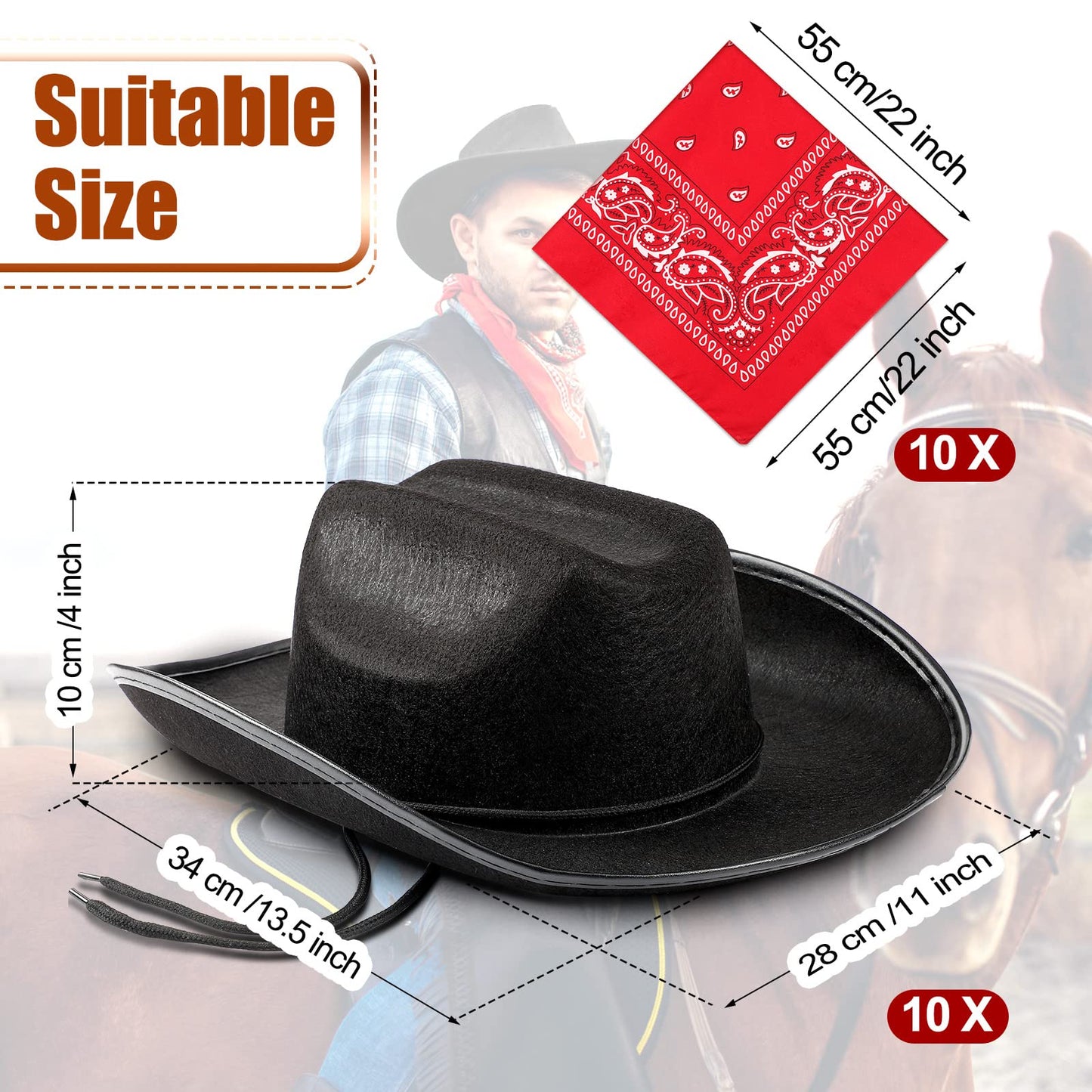 Funtery Kids Cowboy Hats with Red Bandanas – 20 Pack (10 Sets) for Parties & Cosplay
