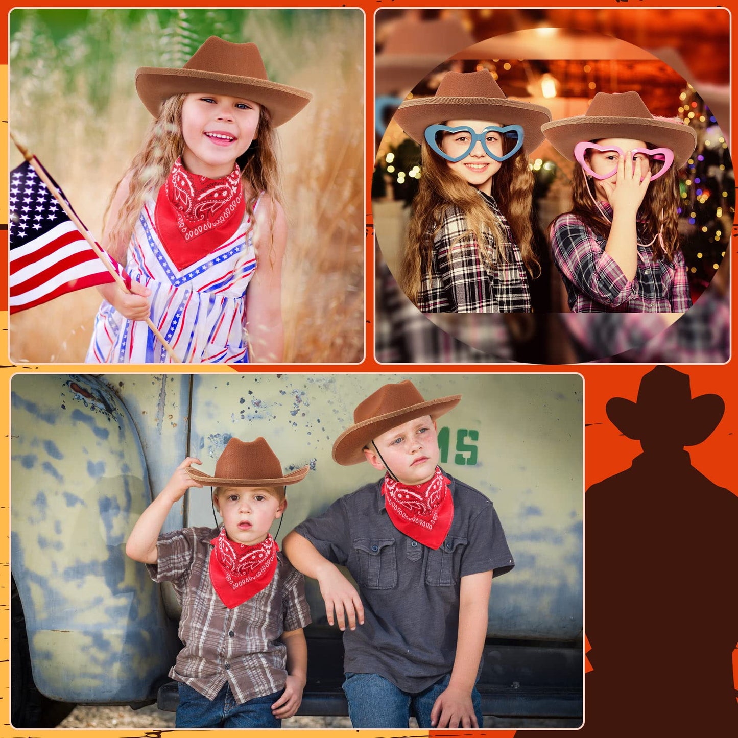 Funtery 20-Pack Kids Cowboy Hats with Red Bandanas - 10 Sets Western Party Costume Accessories
