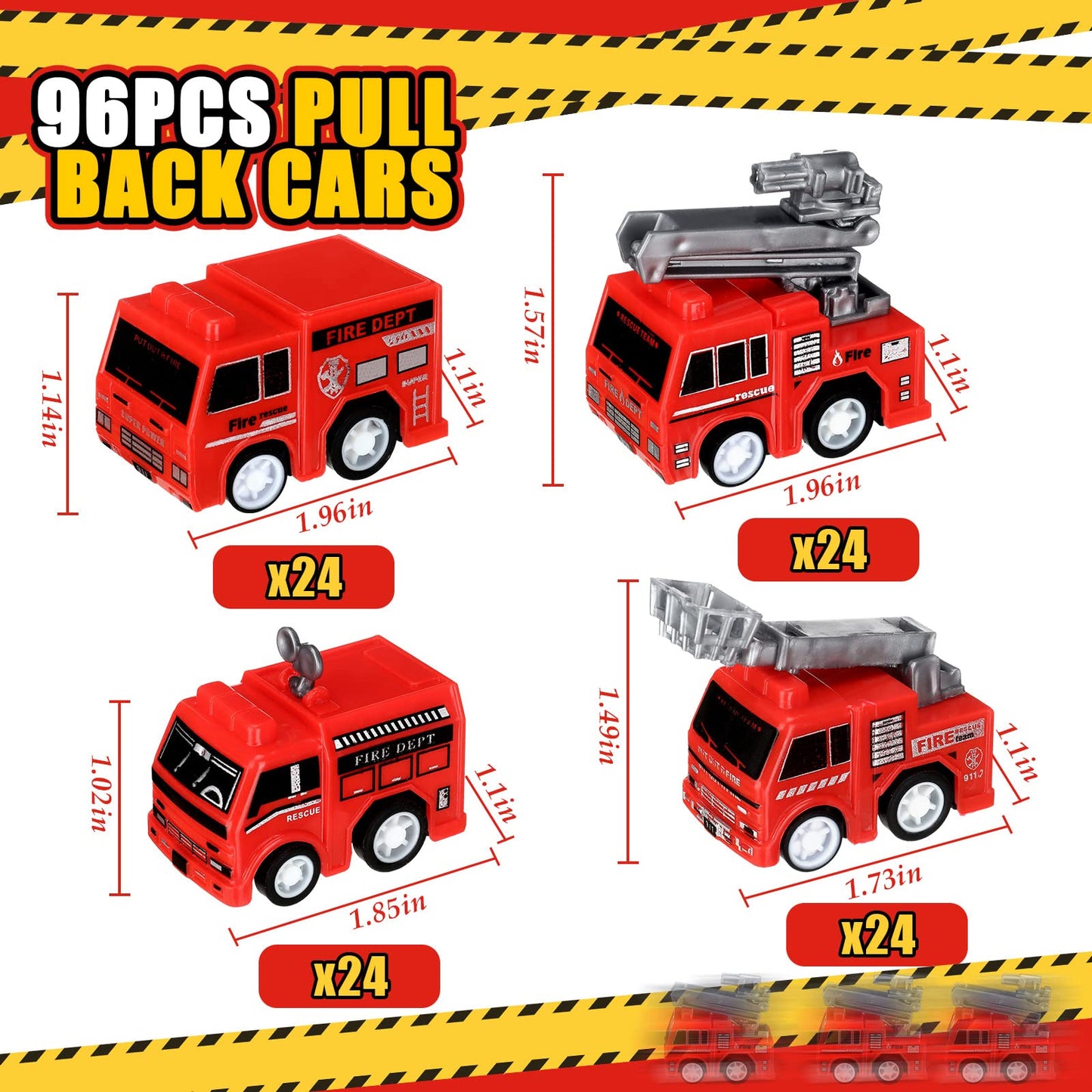 Funtery Mini Pullback Fire Truck Toys Bulk – 96 Pcs, 4 Designs, Party Favors