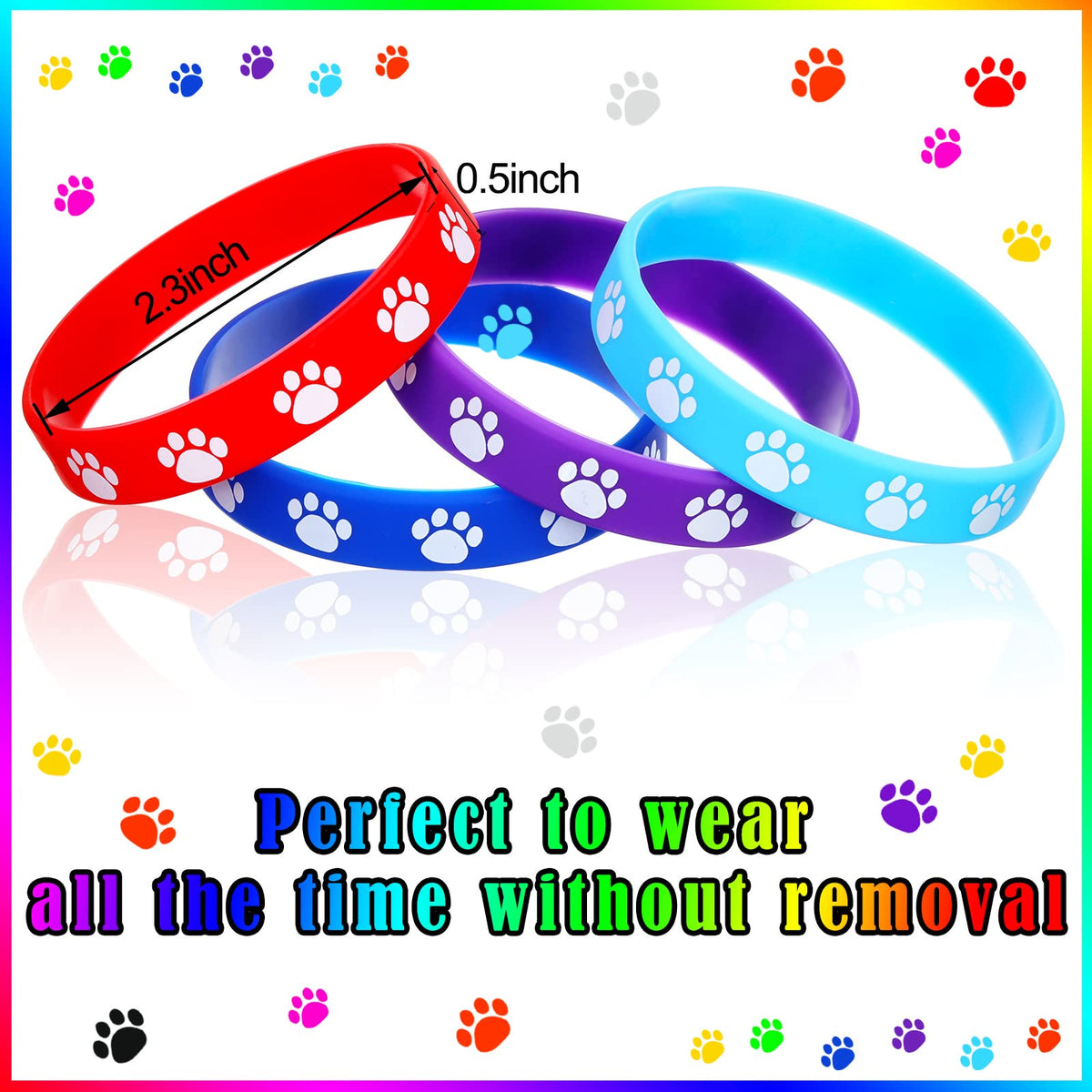 Funtery 100 Pcs Paw Print Rubber Bracelets – Multicolor Silicone Wristbands for Parties