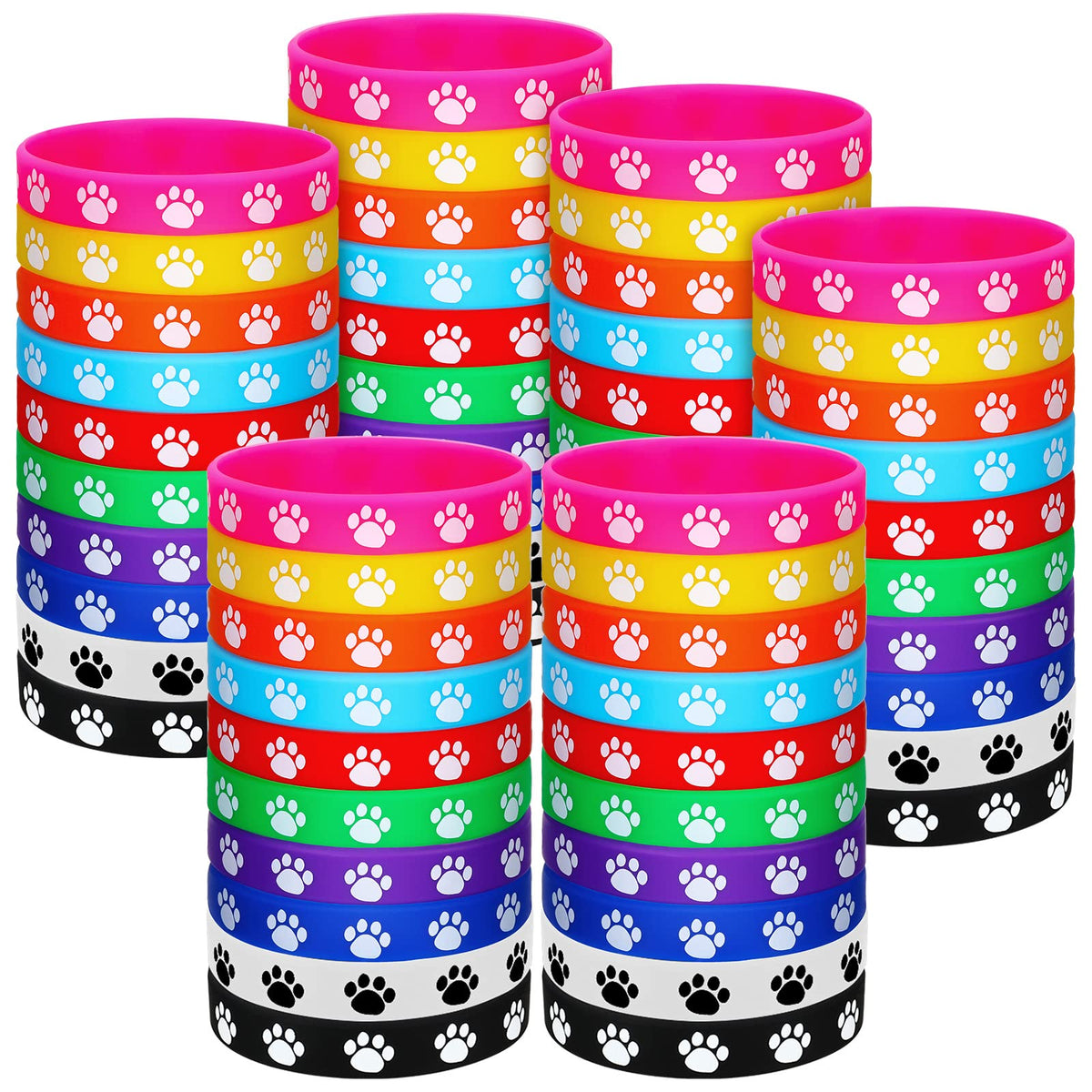 Funtery 100 Pcs Paw Print Rubber Bracelets – Multicolor Silicone Wristbands for Parties