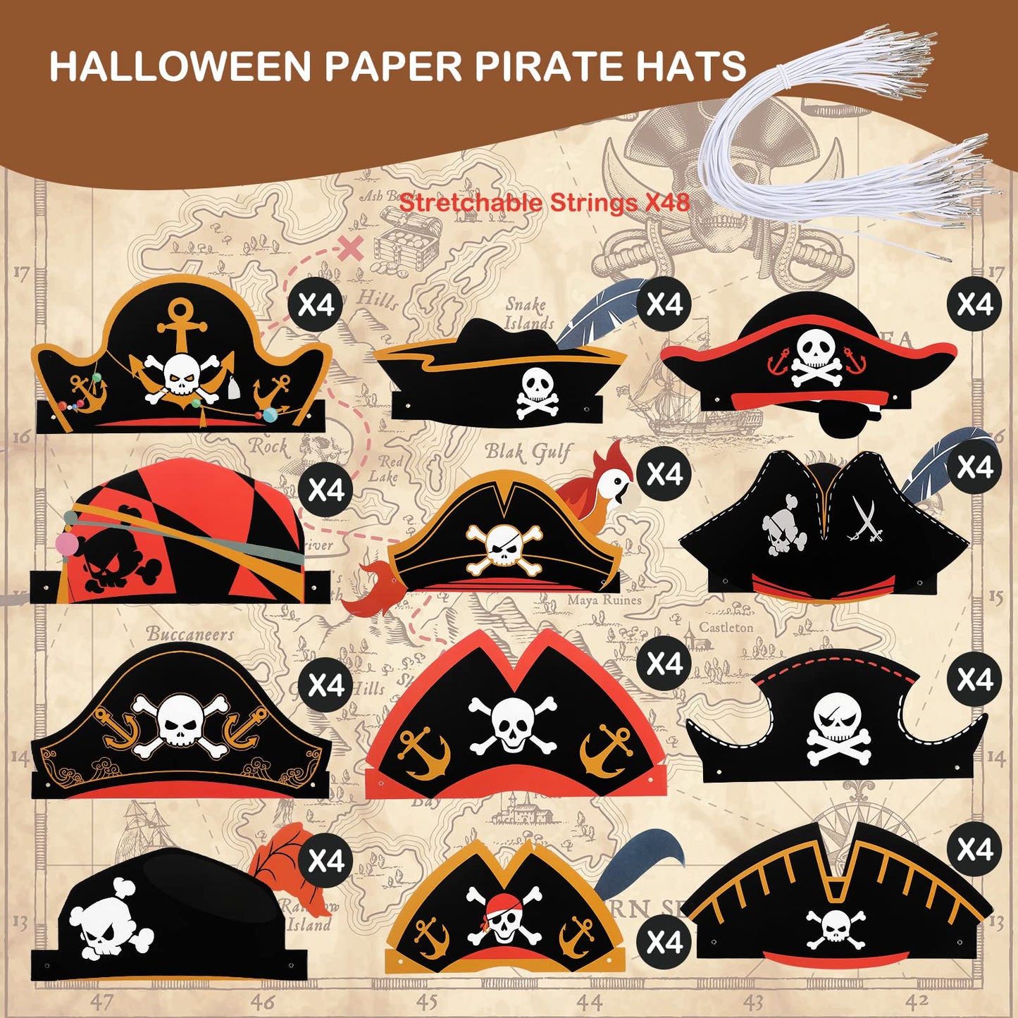 Funtery 48 Pcs Pirate Hat Party Accessories – Classic Kids Pirate Hats for Halloween & Cosplay