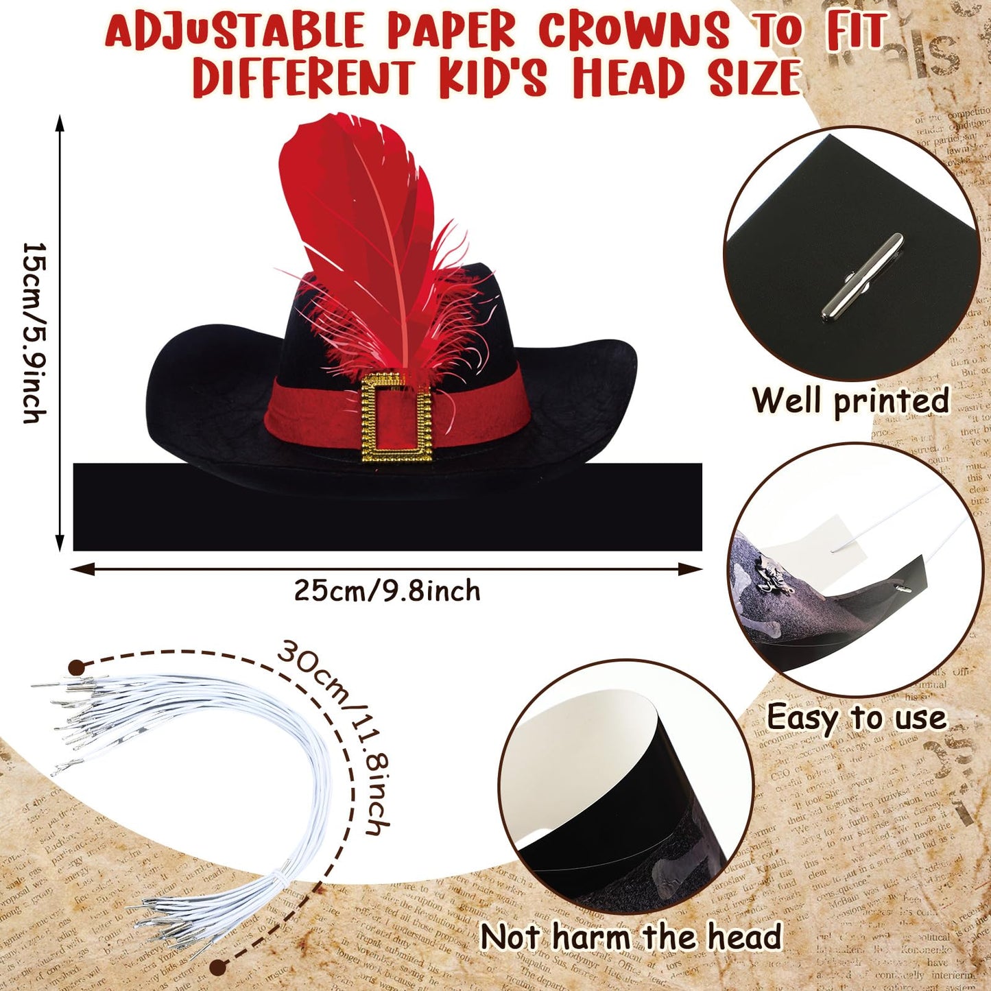 Funtery 48 Pcs Pirate Hat Party Accessories – Kids & Adults Halloween Pirate Cosplay Caps (Captain)