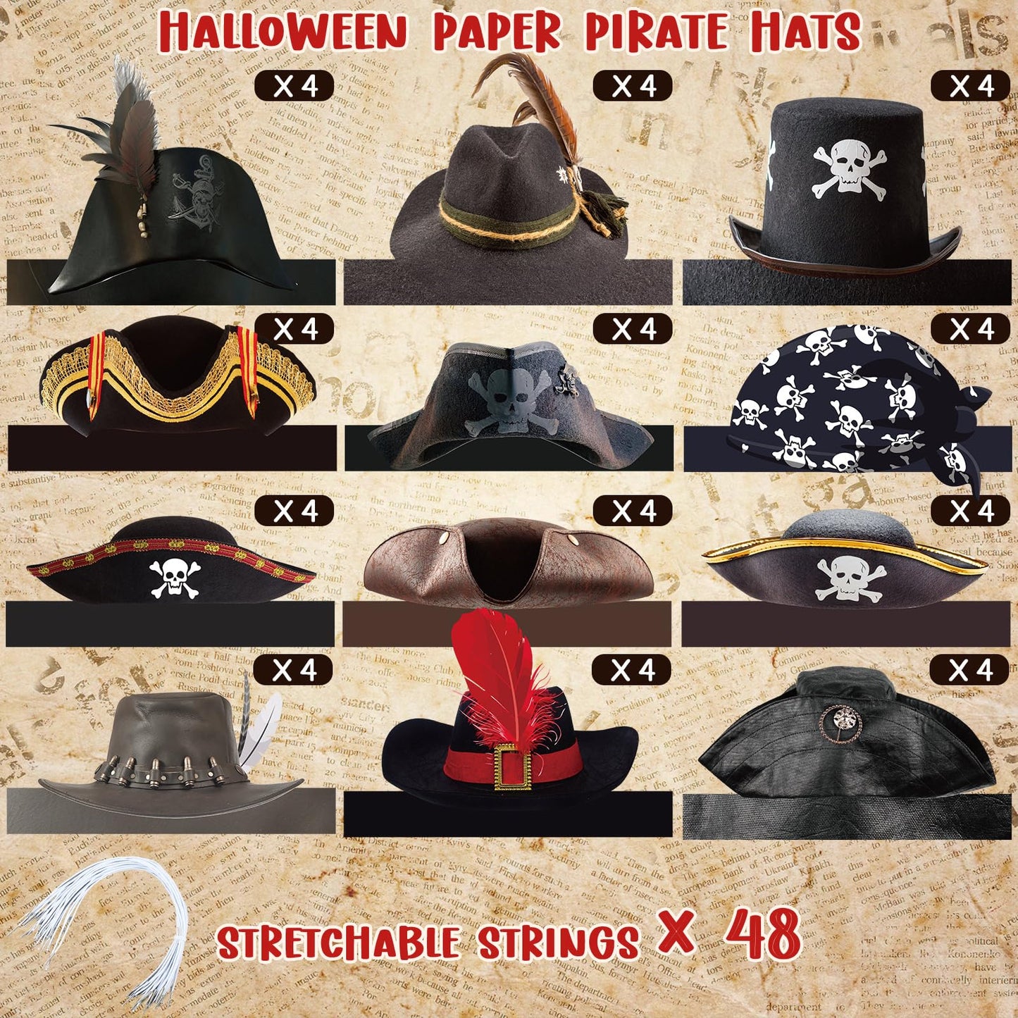 Funtery 48 Pcs Pirate Hat Party Accessories – Kids & Adults Halloween Pirate Cosplay Caps (Captain)