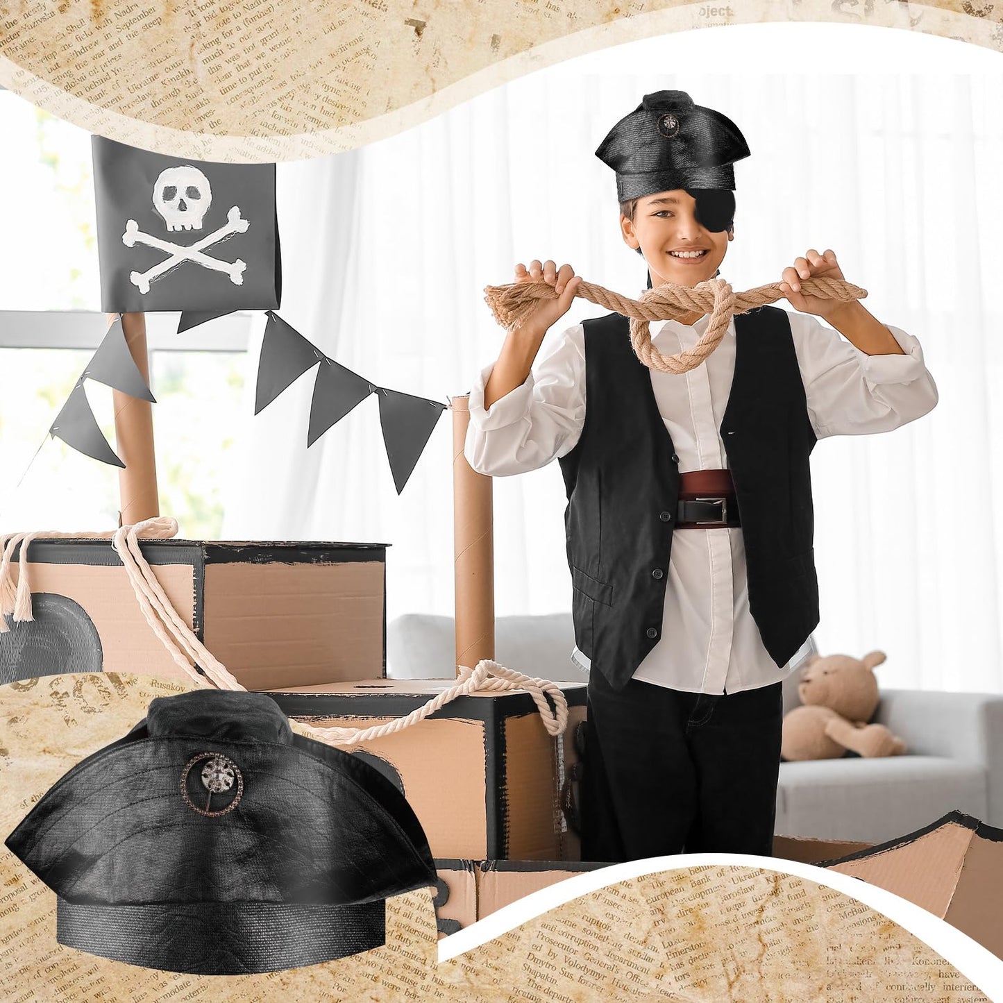 Funtery 48 Pcs Pirate Hat Party Accessories – Kids & Adults Halloween Pirate Cosplay Caps (Captain)