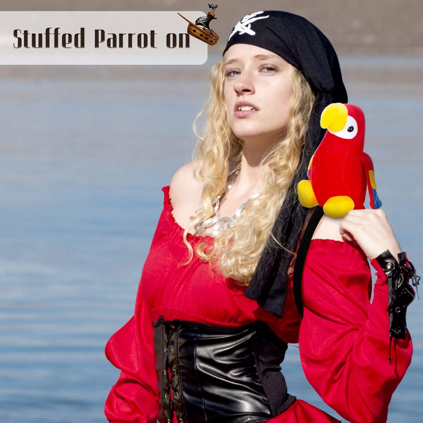 Funtery Halloween Stuffed Pirate Parrot on Shoulder – Red Plush Costume Accessory