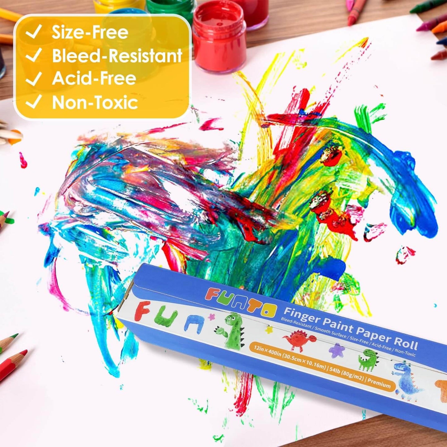 Funto Finger Paint Paper Roll 12x400 — Size-Free, Non-Toxic, Bleed-Resistant