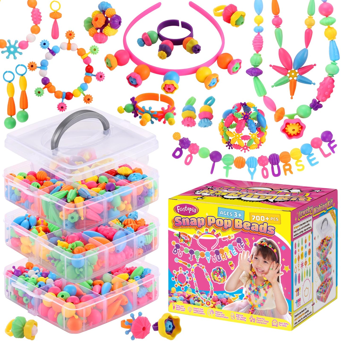 Funtopia Pop Beads – 700+ Snap Beads DIY Jewelry Kit for Kids 3-6 (X-Large)