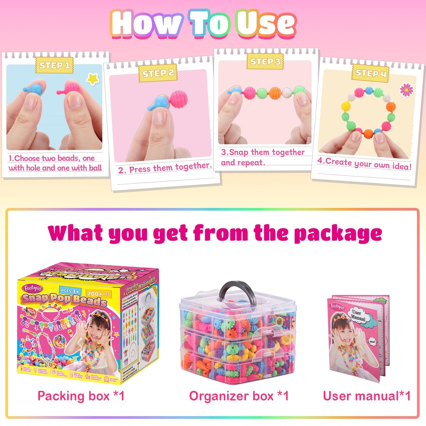 Funtopia Pop Beads – 700+ Snap Beads DIY Jewelry Kit for Kids 3-6 (X-Large)