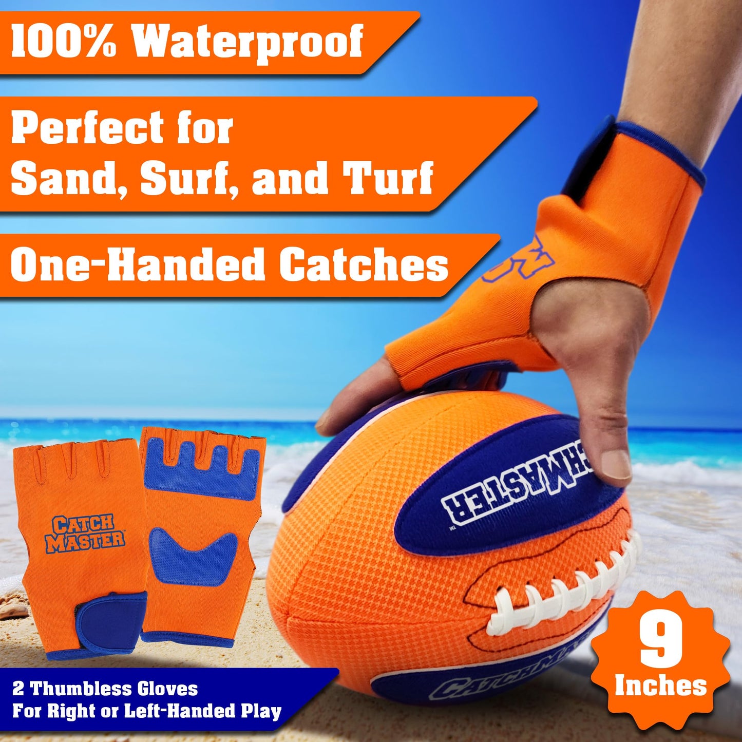 Funwares CatchMaster Water Football Set – Lightweight Ball & 2 Gloves for Beach, Pool, Backyard
