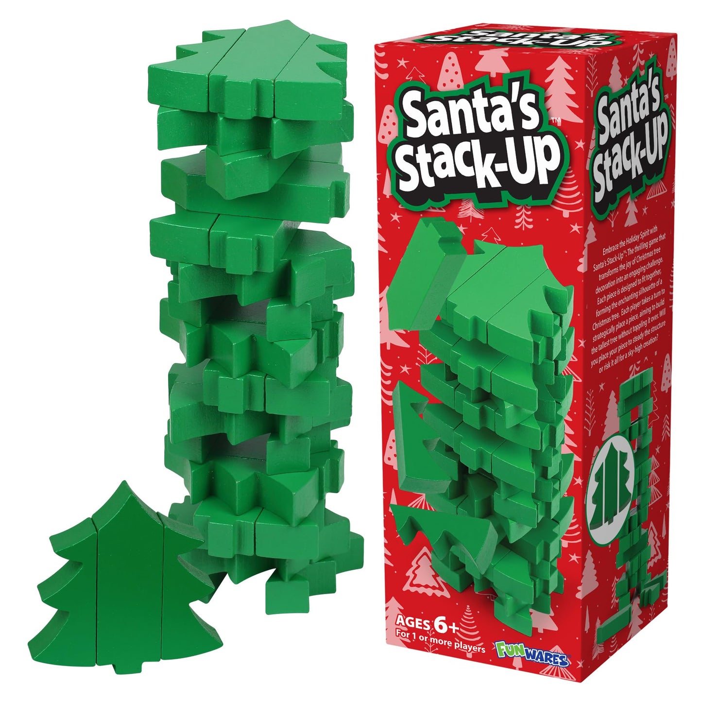Funwares Santa’s Stack-Up: Wooden Christmas Tree Stacking Game for Family Fun | Ages 6+